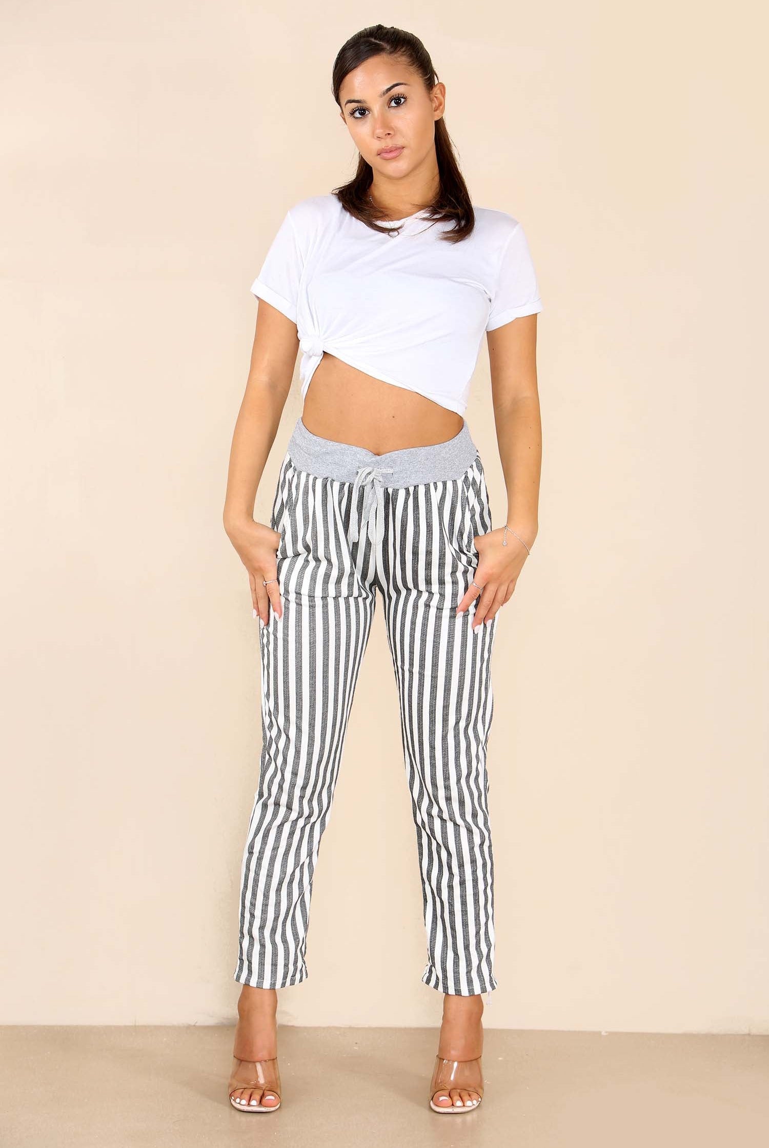 Italian Stripe Print Drawstring Cotton Joggers Trousers WearAll