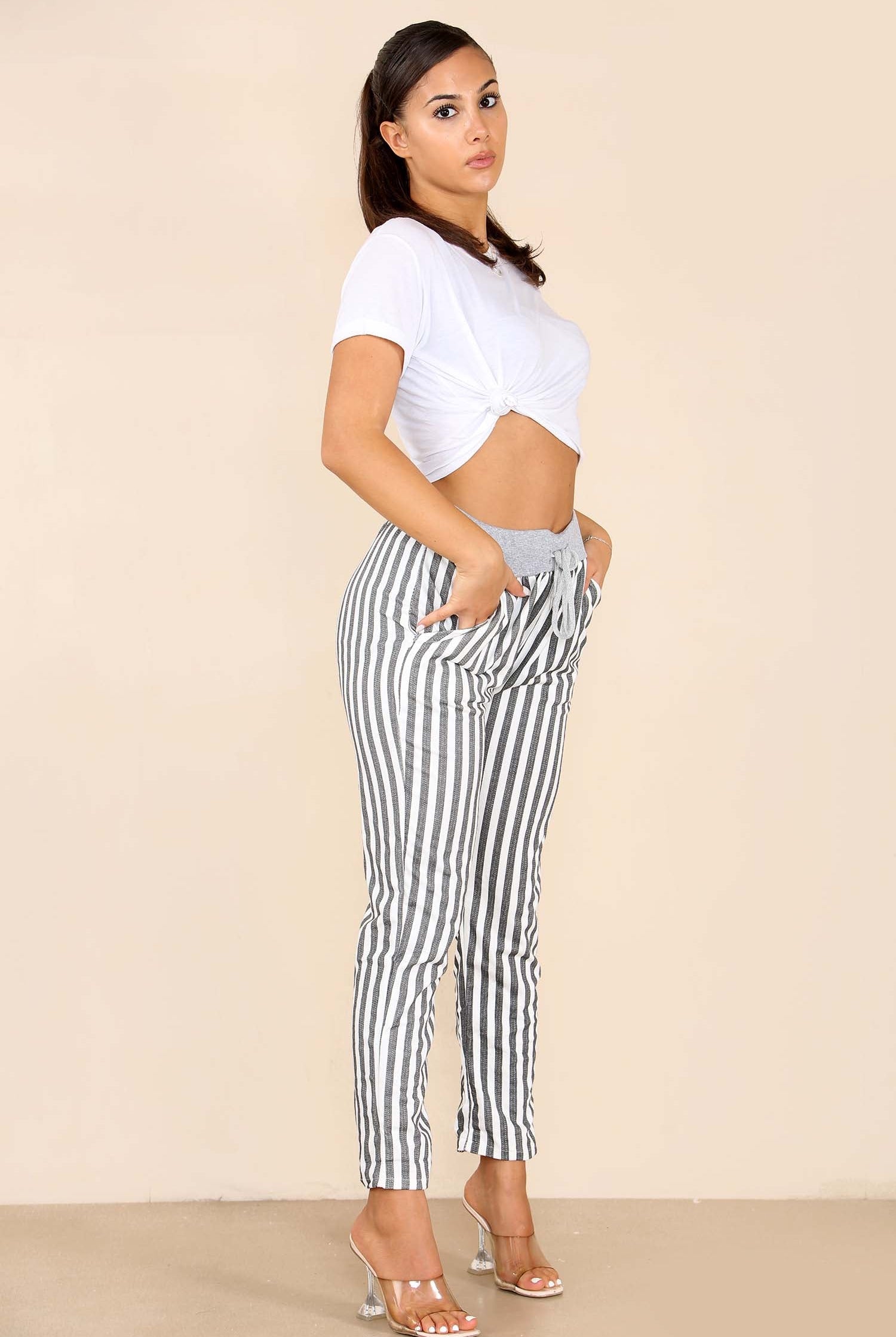 Plus Size Italian Stripe Print Drawstring Cotton Joggers Trousers WearAll