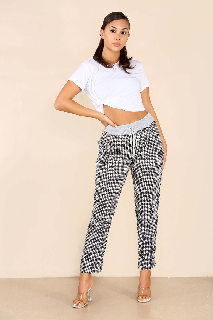 Plus Size Italian Dogtooth Print Drawstring Cotton Joggers Trouser WearAll Dogtooth Black 16