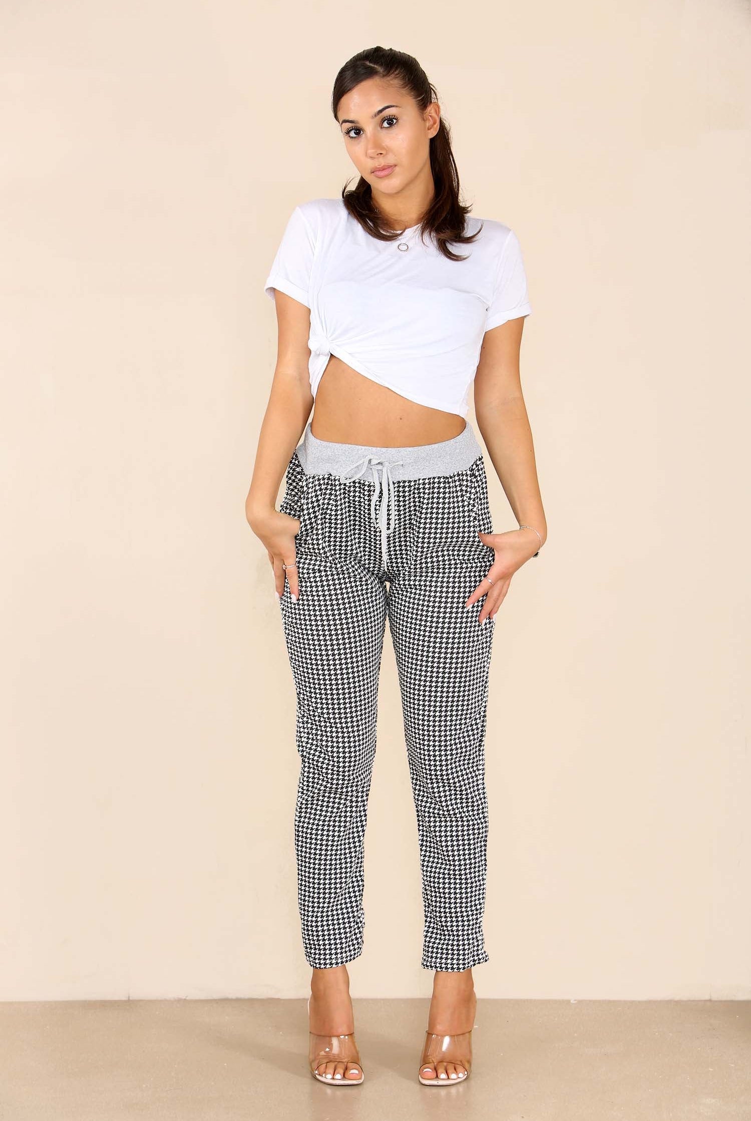 Italian Dogtooth Print Drawstring Cotton Joggers Trouser WearAll