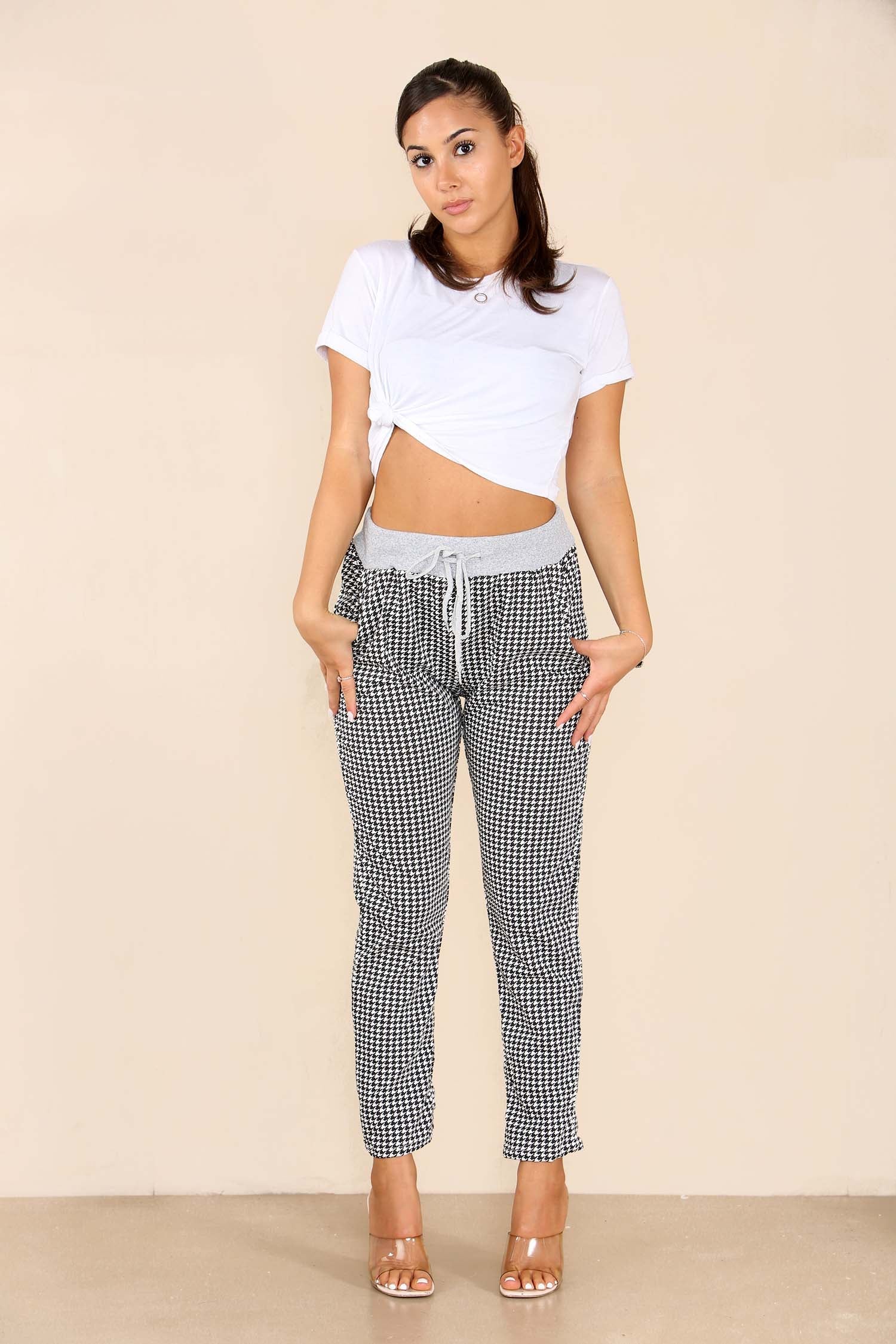 Italian Dogtooth Print Drawstring Cotton Joggers Trouser WearAll