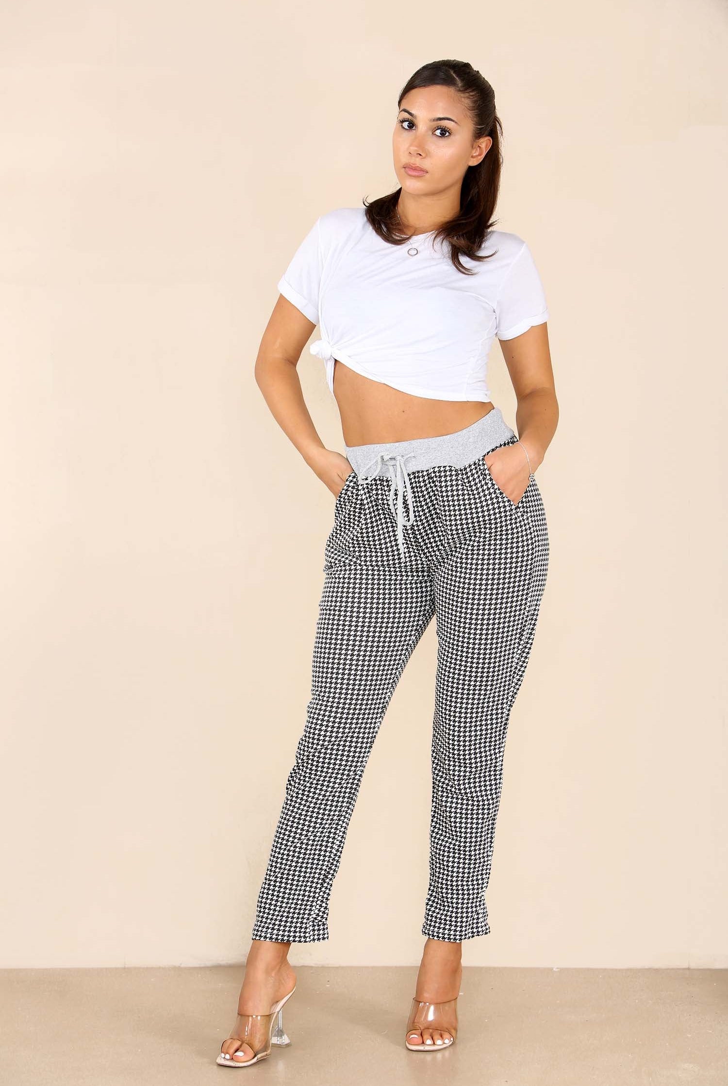 Italian Dogtooth Print Drawstring Cotton Joggers Trouser WearAll