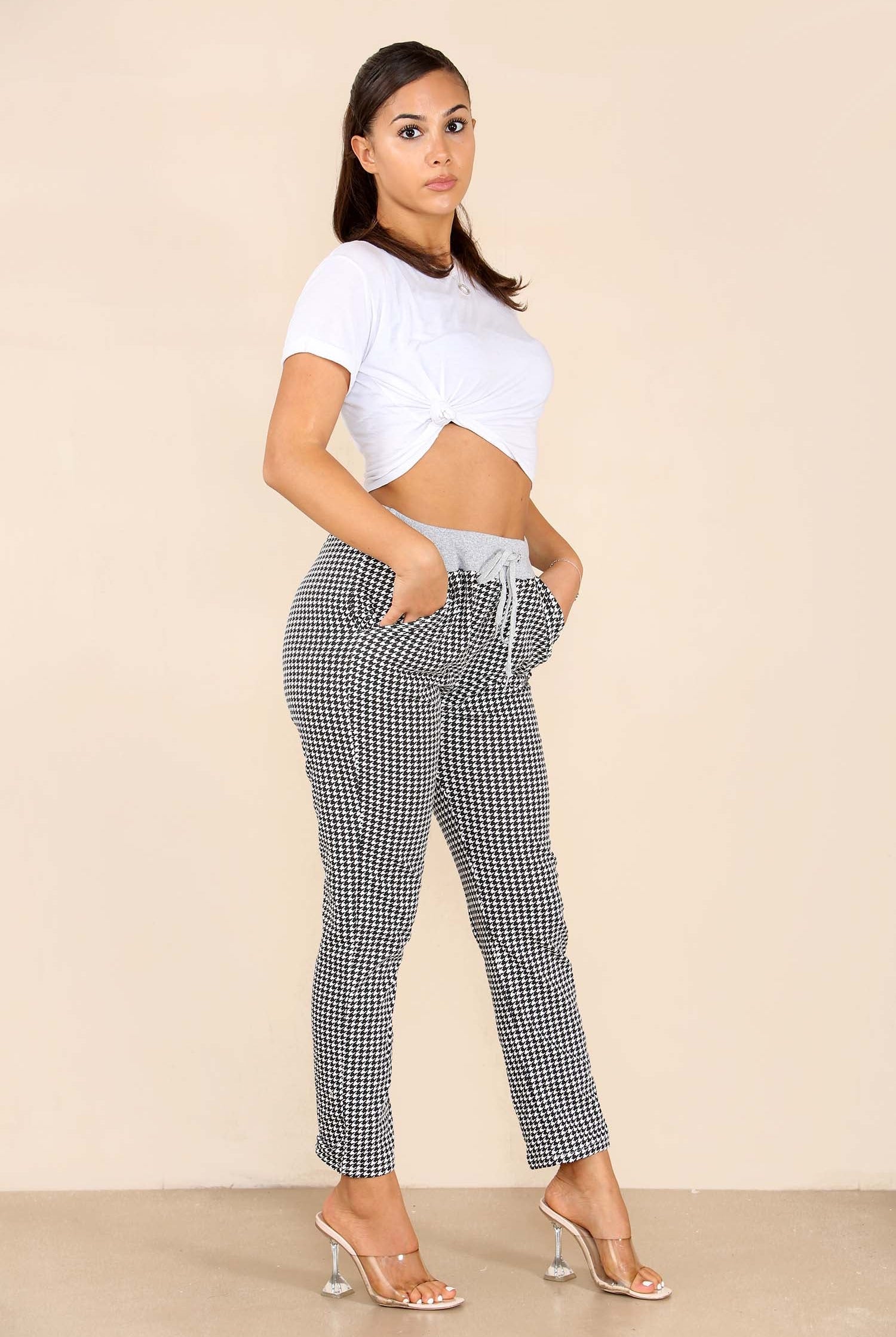 Italian Dogtooth Print Drawstring Cotton Joggers Trouser WearAll