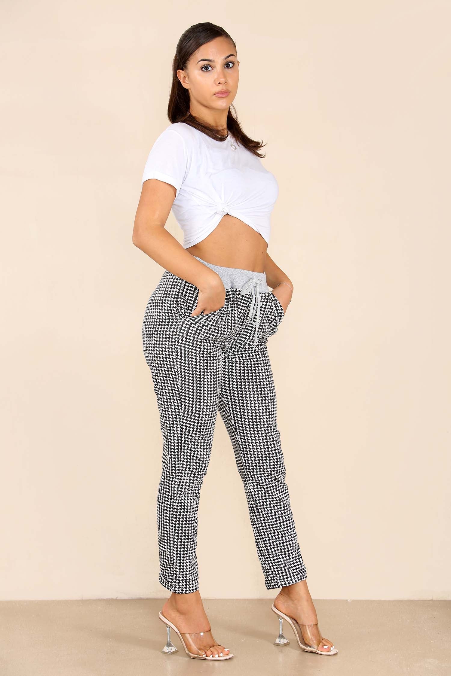 Italian Dogtooth Print Drawstring Cotton Joggers Trouser WearAll