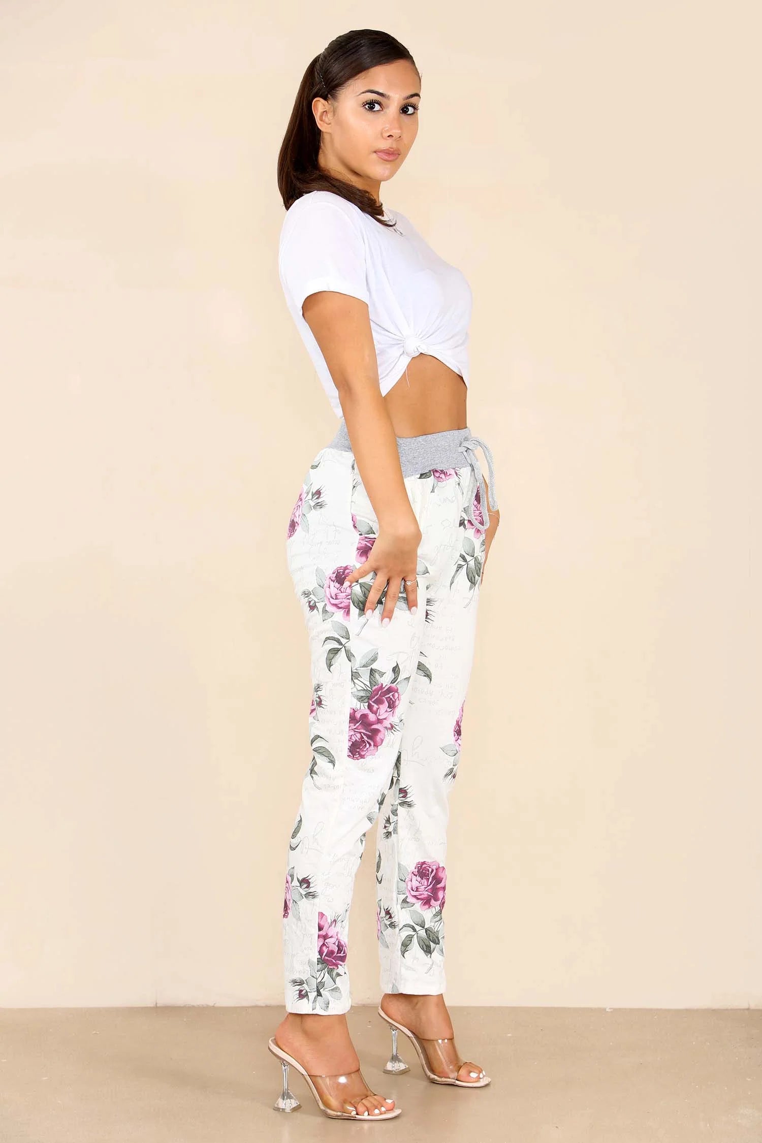 Italian Floral Print Drawstring Cotton Joggers - Pink & Blue Trouser WearAll