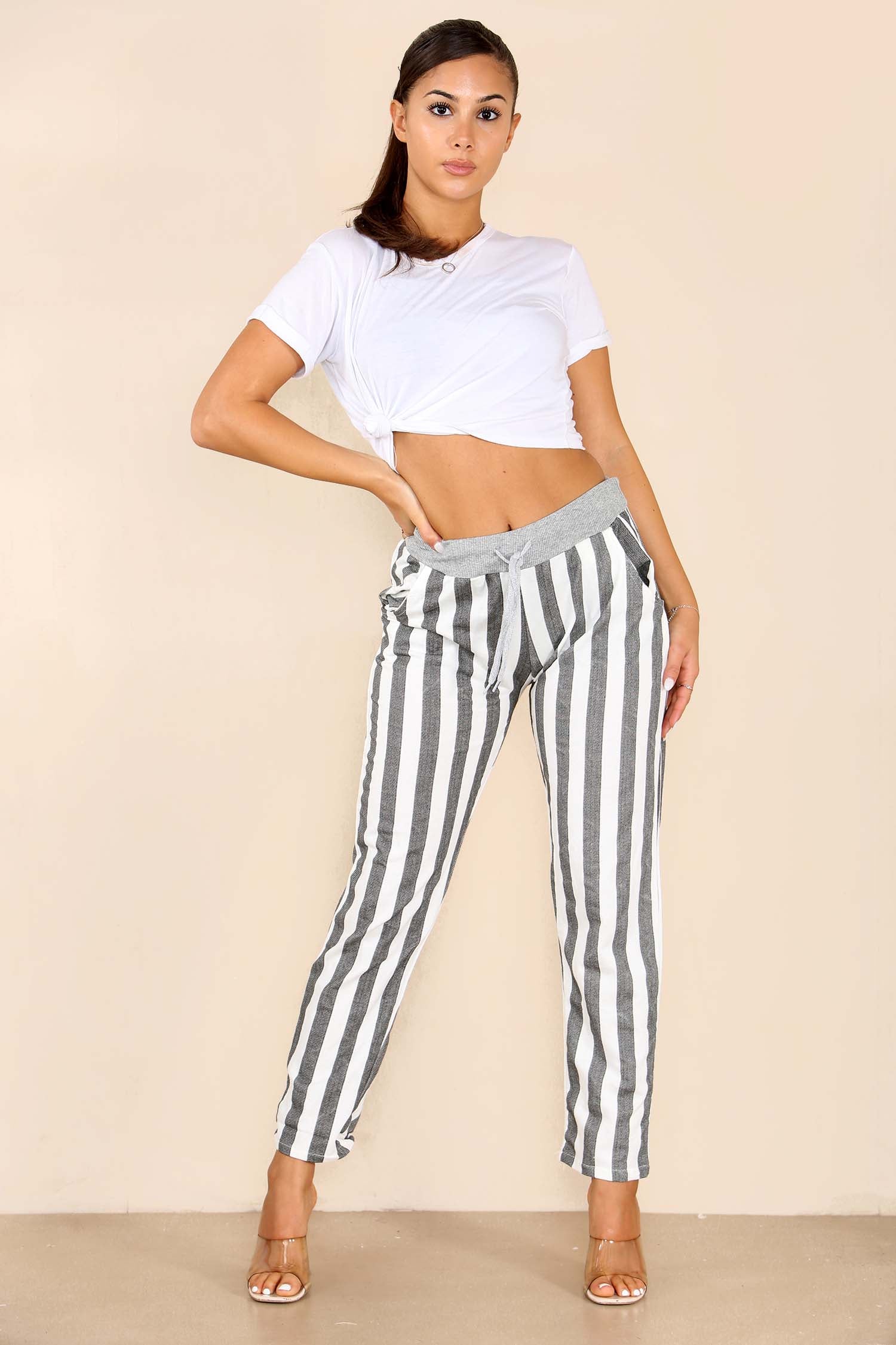 Italian Striped Print Drawstring Cotton Joggers Trouser WearAll