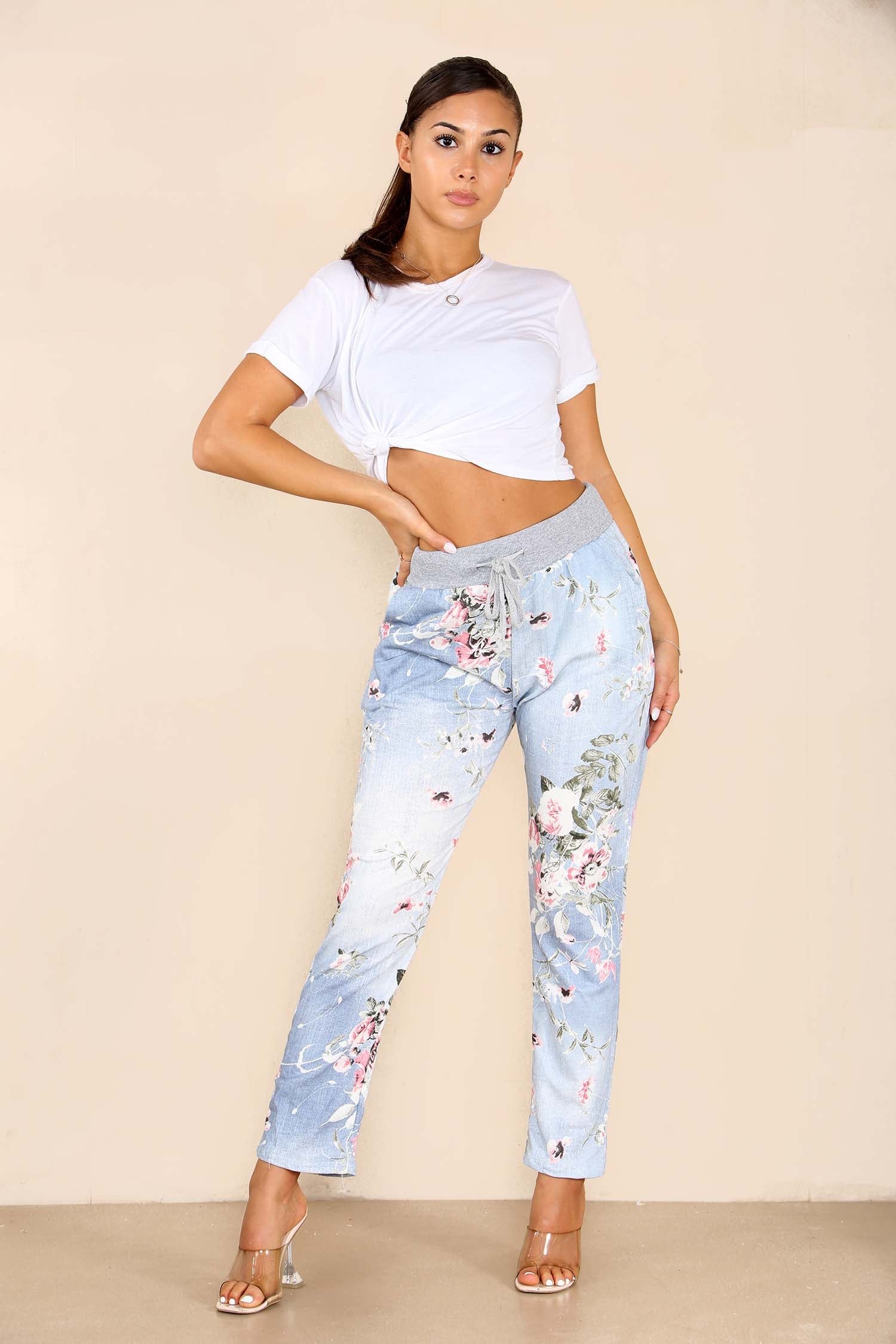 Italian Floral Print Drawstring Cotton Joggers - Black Blue Pink Pista Lime Green Trousers WearAll Light Blue 8