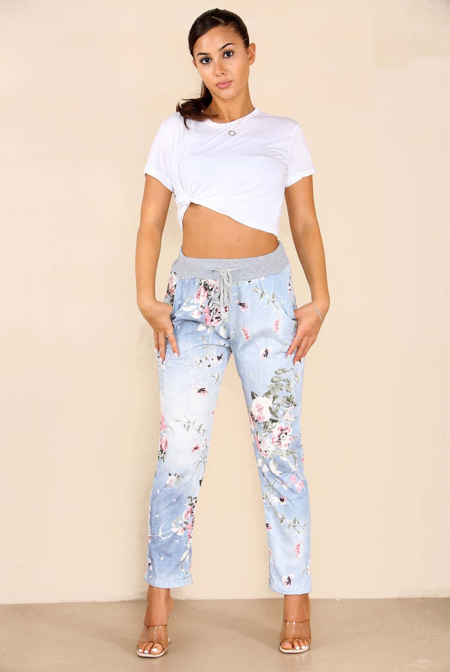 Plus Size Italian Floral Print Drawstring Baby Pink Cotton Joggers Trousers WearAll