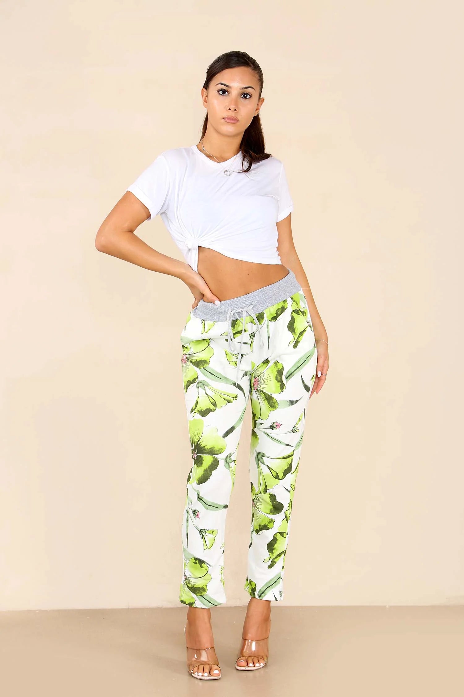 Italian Floral Print Drawstring Cotton Joggers Trouser WearAll