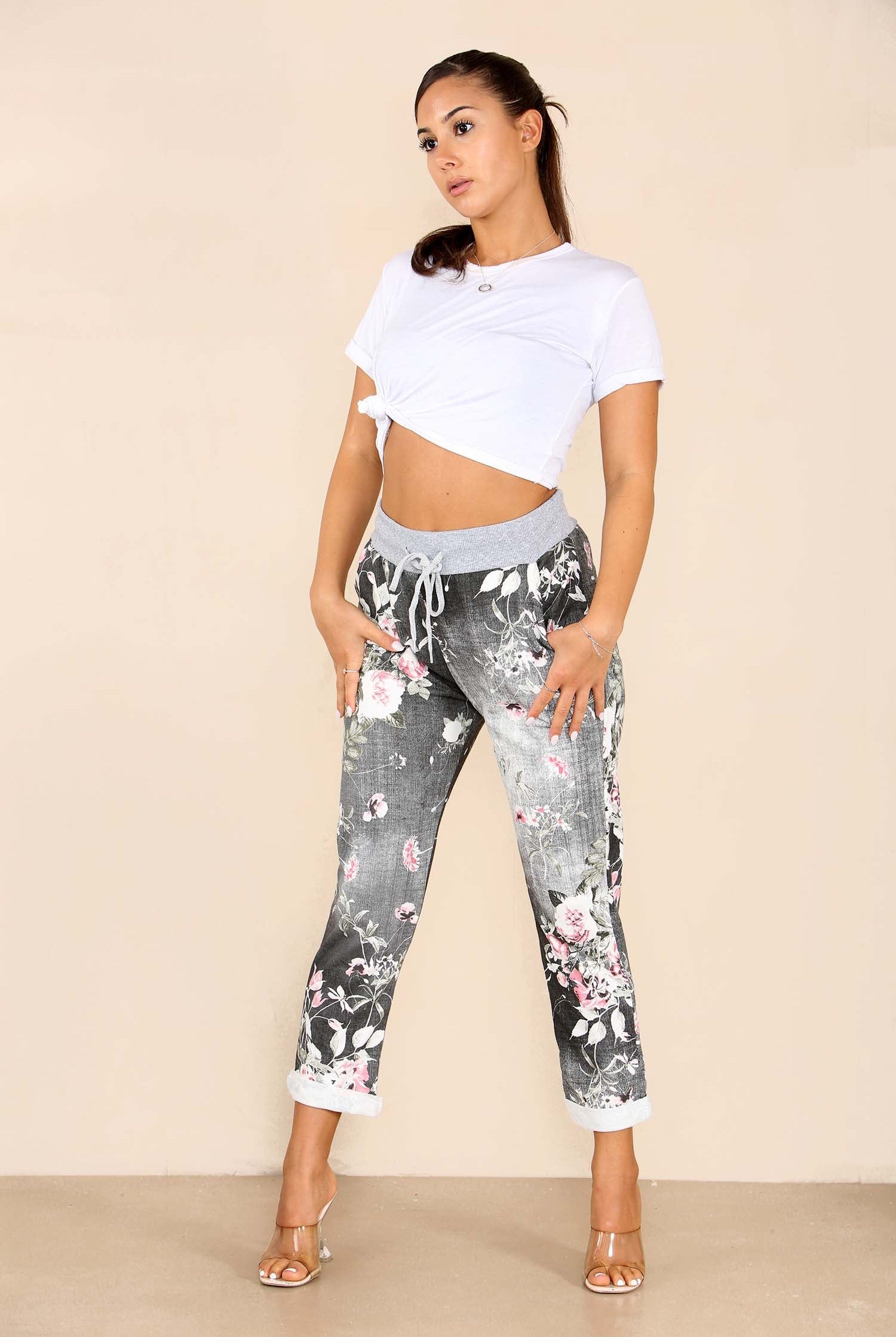 Italian Floral Print Drawstring Cotton Joggers - Black Blue Pink Pista Lime Green Trousers WearAll