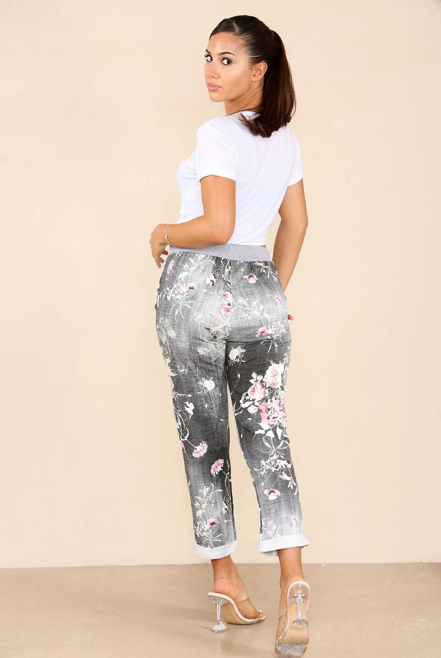 Italian Floral Print Drawstring Cotton Joggers - Black Blue Pink Pista Lime Green Trousers WearAll