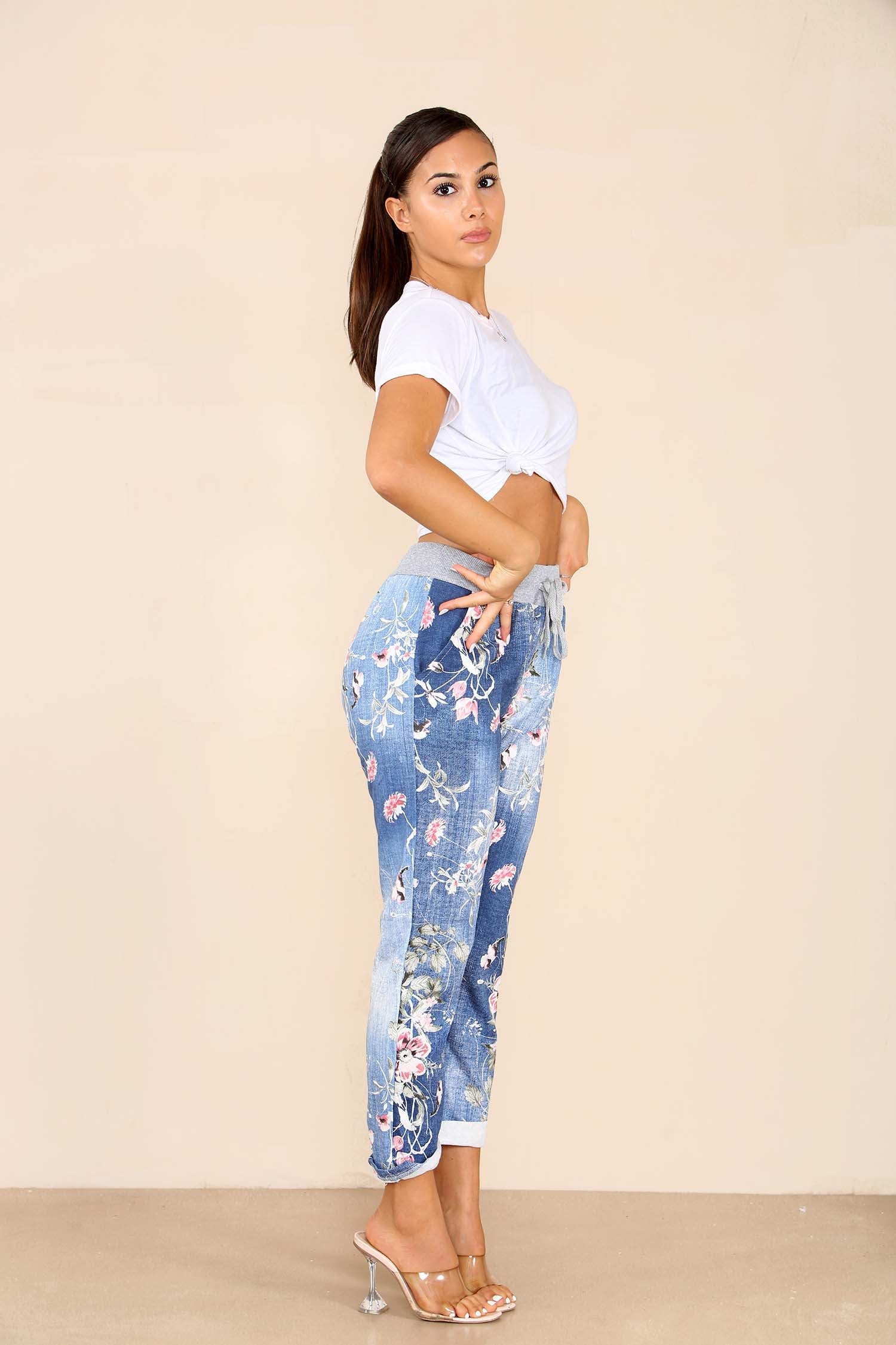Italian Floral Print Drawstring Cotton Joggers - Black Blue Pink Pista Lime Green Trousers WearAll
