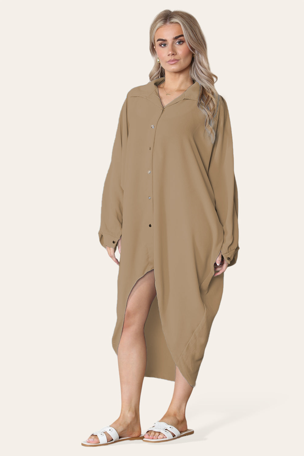 High-Low Oversized Button Long Top Shirt Dress with Hem and Long Sleeves Dress WearAll Tan One Size UK Fit (14 to 22)