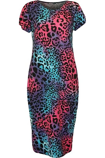 Plus Size Short Sleeve Turquoise Animal Print Midi Dress Dress WearAll Turquoise Animal 14