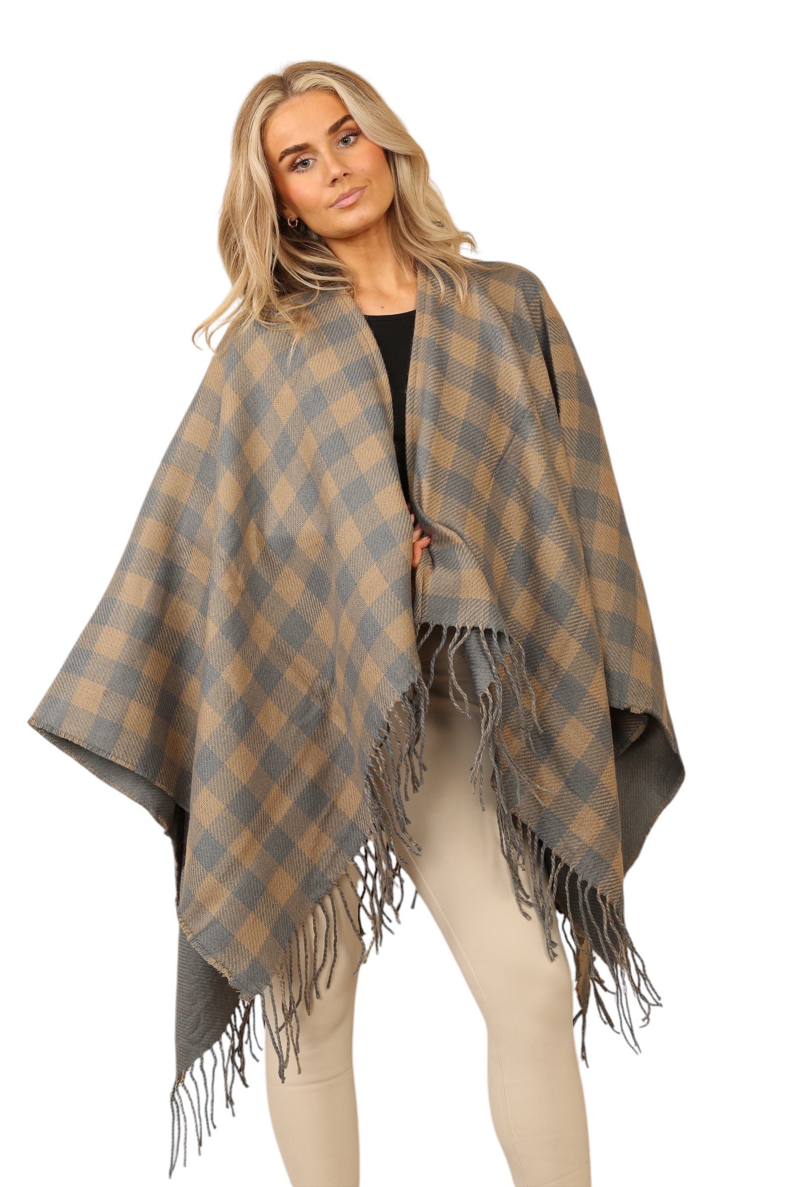 Reversible Plain Check Print Oversized Shawl Cardigan WearAll