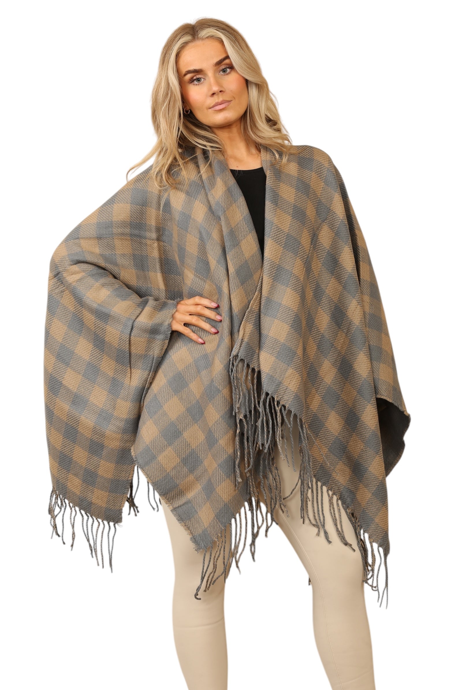 Reversible Plain Check Print Oversized Shawl Cardigan WearAll Tartan Blue OneSize