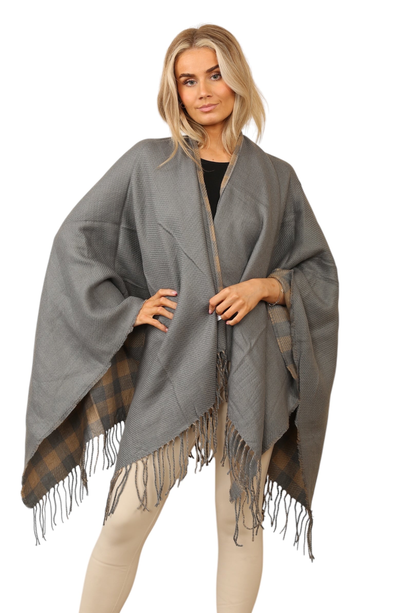 Reversible Plain Check Print Oversized Shawl Cardigan WearAll