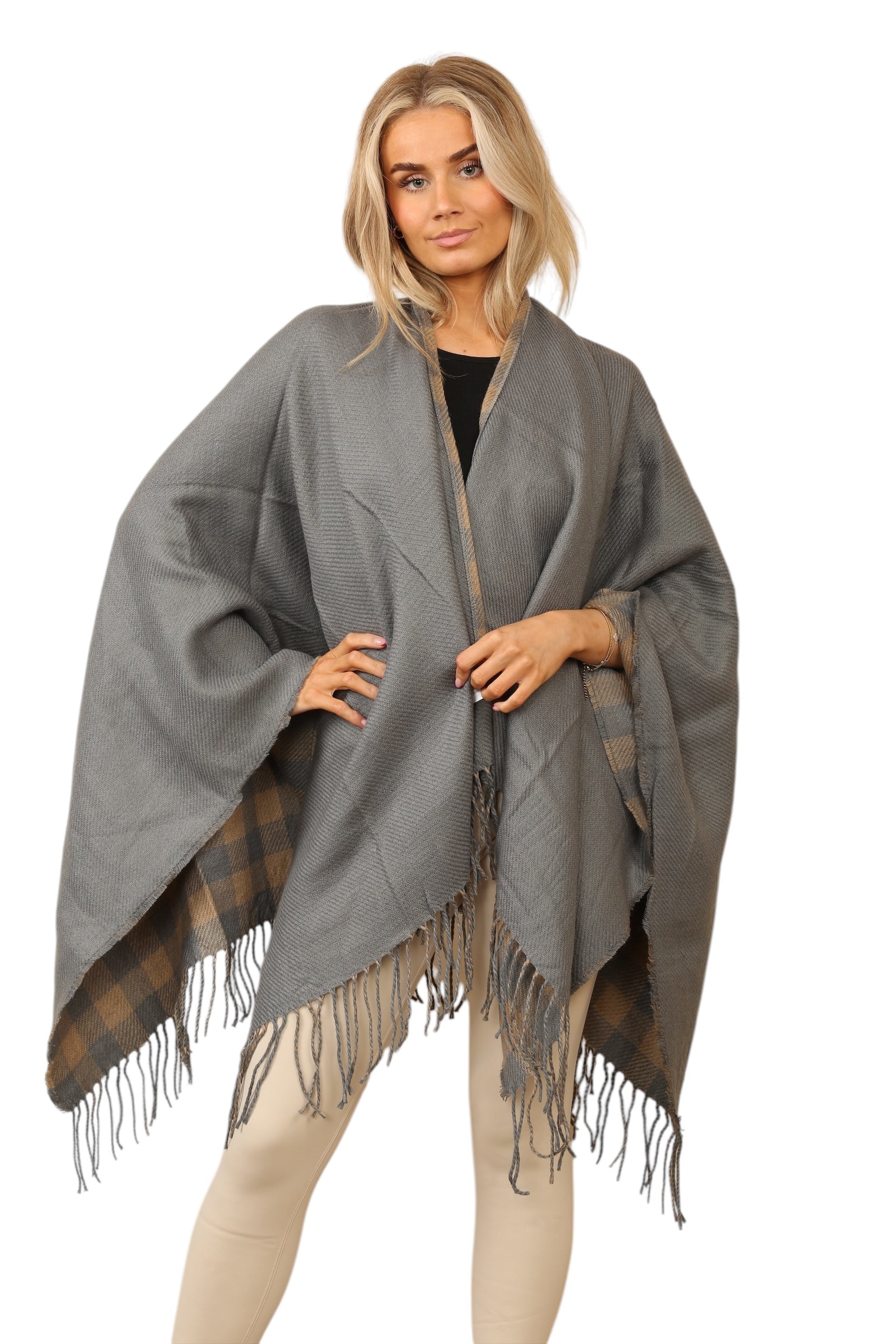 Reversible Plain Check Print Oversized Shawl Cardigan WearAll