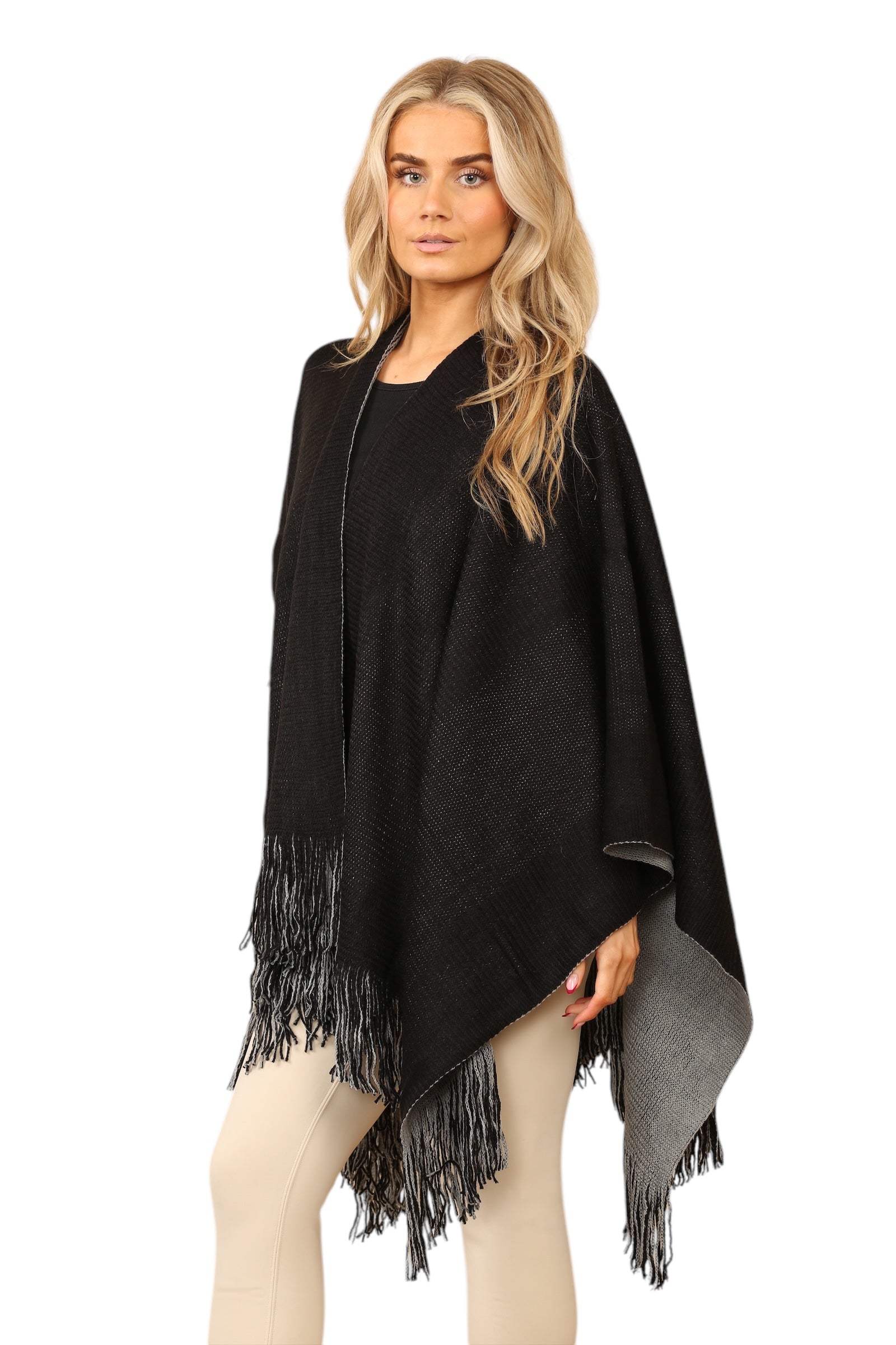 Reversible Plain Check Print Oversized Shawl Cardigan WearAll