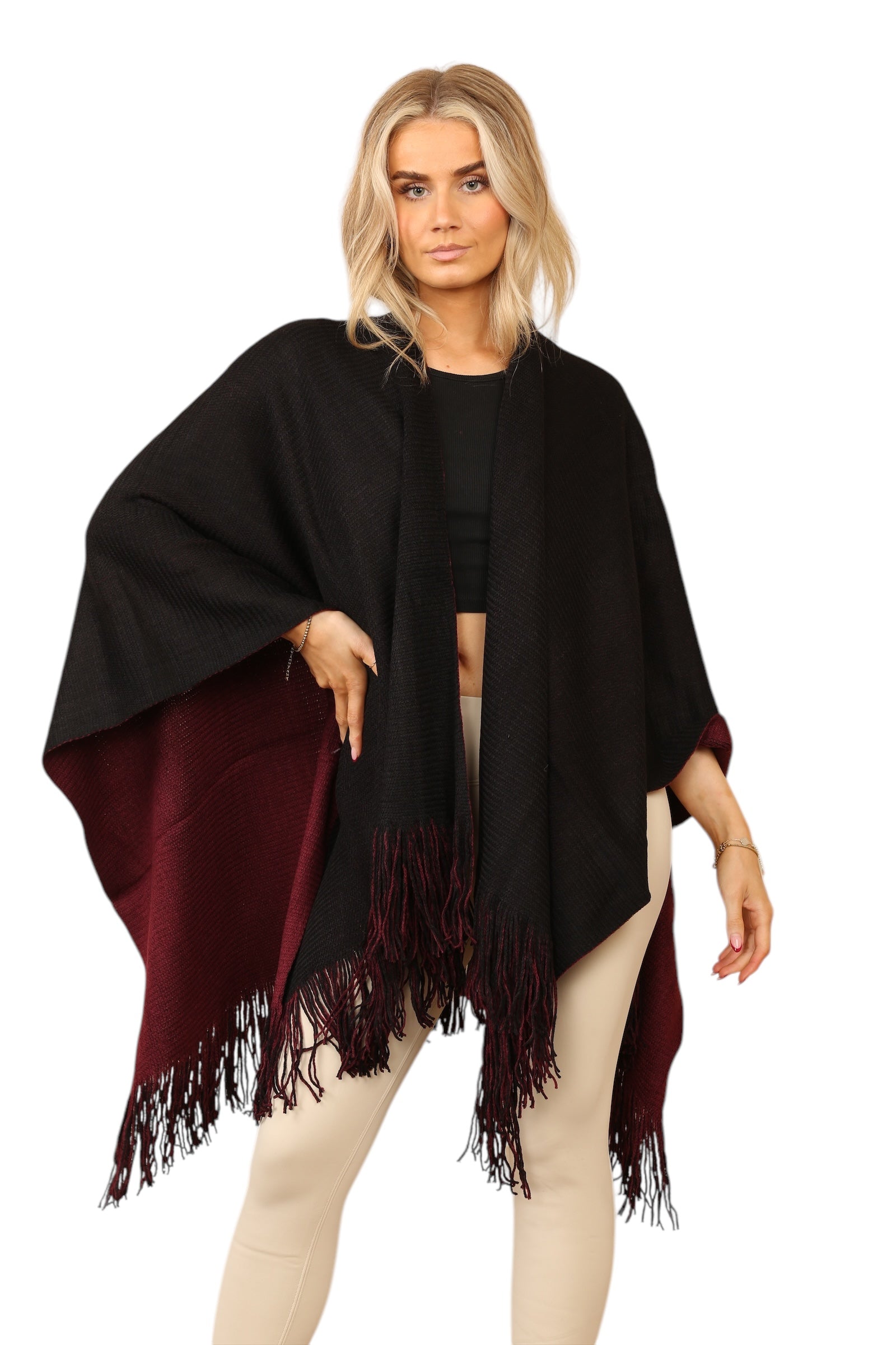 Reversible Plain Check Print Oversized Shawl Cardigan WearAll