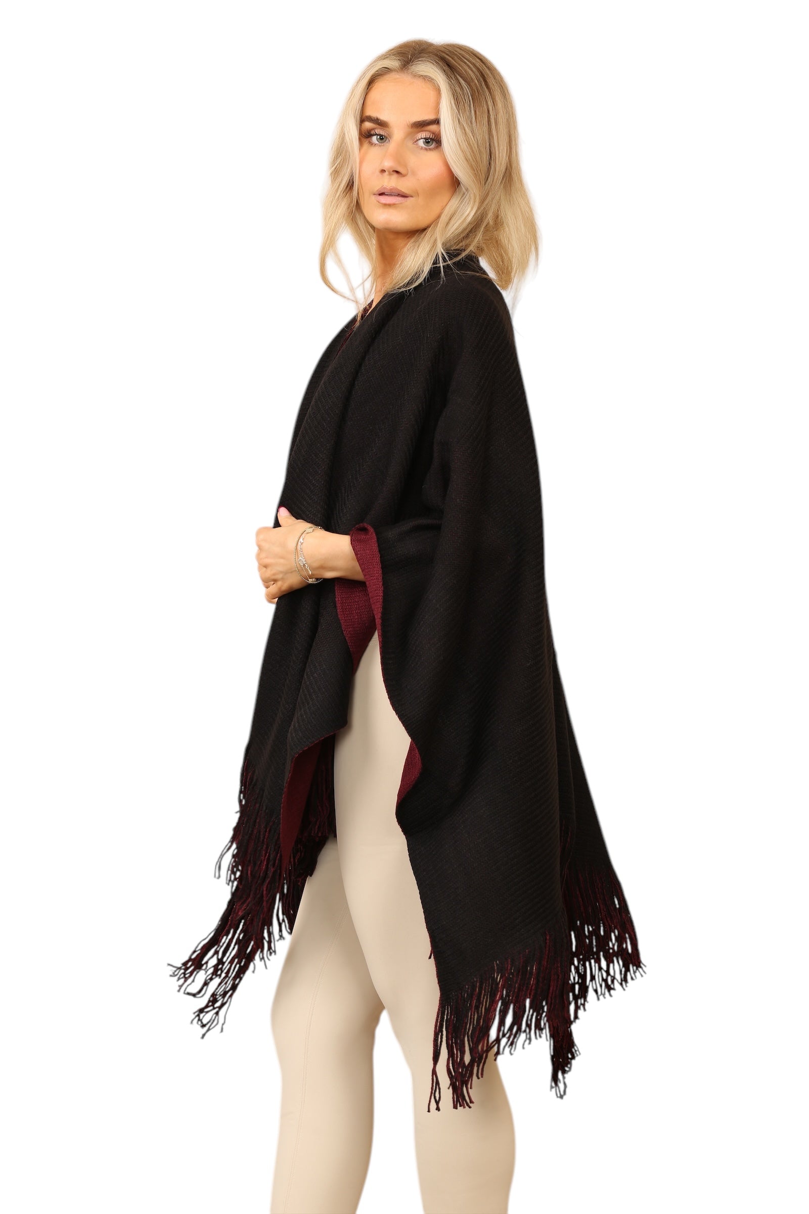 Reversible Plain Check Print Oversized Shawl Cardigan WearAll