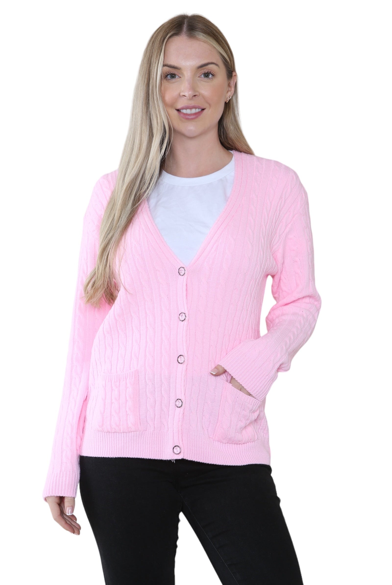 Women Long sleeve V Neck Cable Knit Button Cardigan Knitted Jumper Cardigan WearAll Baby Pink 8-10