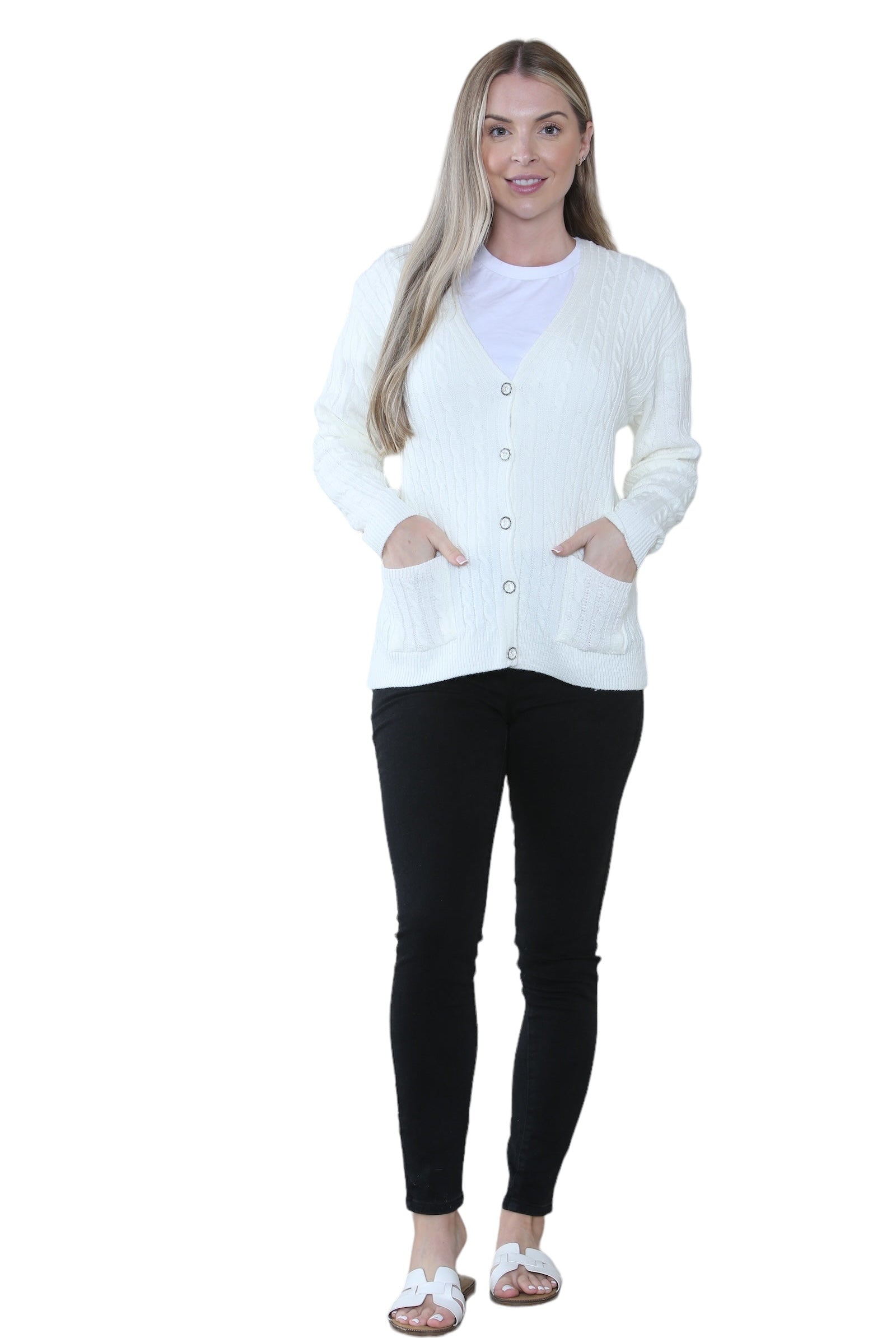 Women Long sleeve V Neck Cable Knit Button Cardigan Knitted Jumper Cardigan WearAll