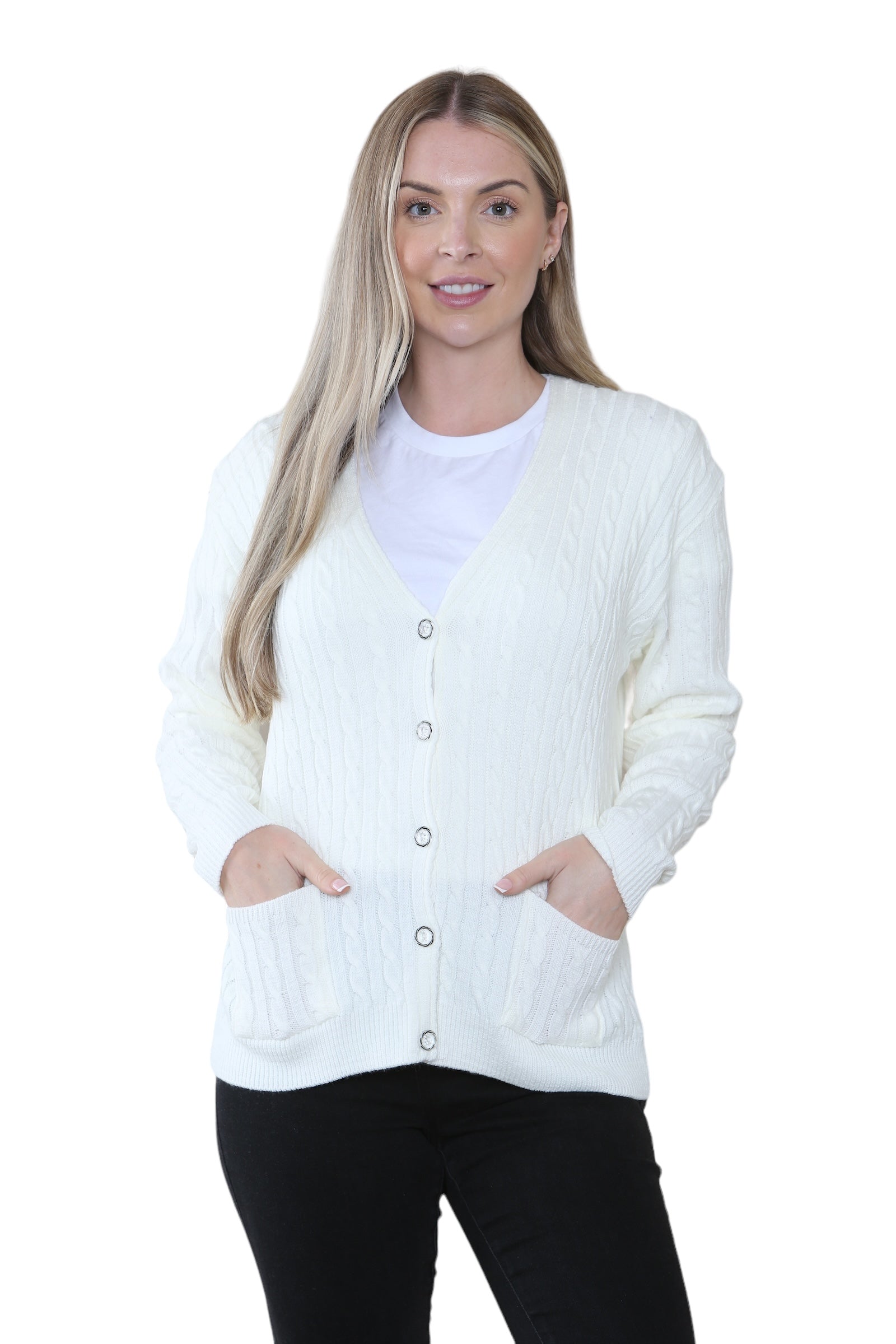 Women Long sleeve V Neck Cable Knit Button Cardigan Knitted Jumper Cardigan WearAll Cream 8-10