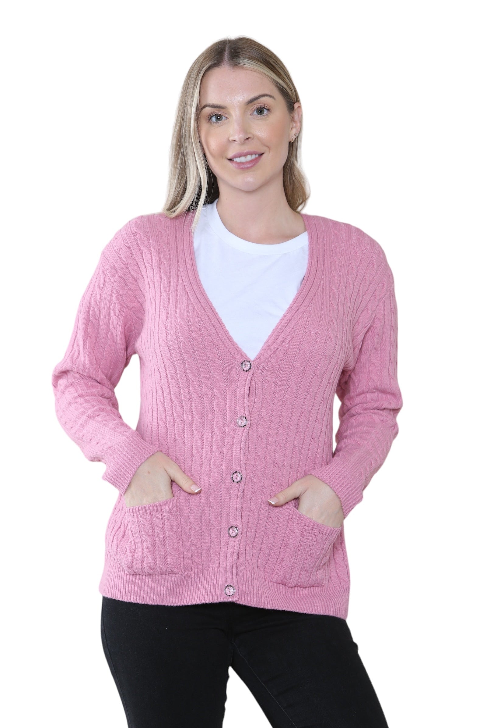 Women Long sleeve V Neck Cable Knit Button Cardigan Knitted Jumper Cardigan WearAll Dusky Pink 8-10