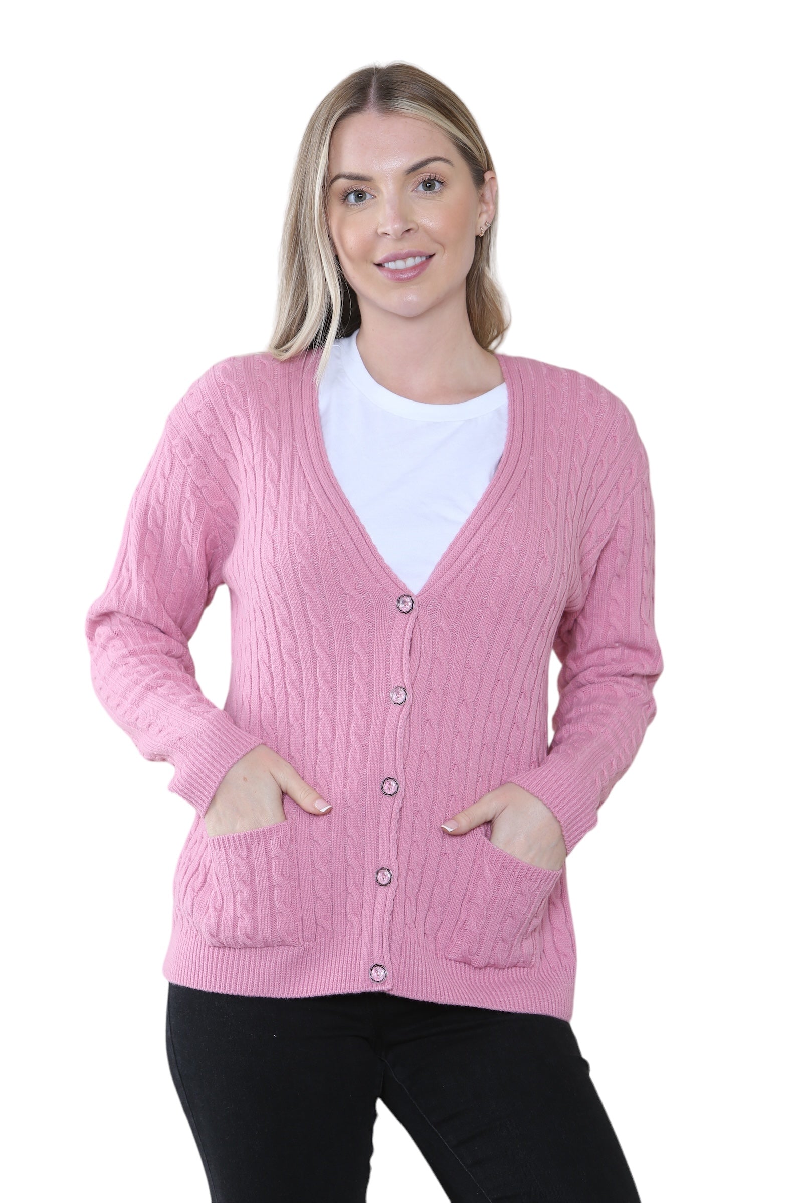 Women Long sleeve V Neck Cable Knit Button Cardigan Knitted Jumper Cardigan WearAll Dusky Pink 8-10