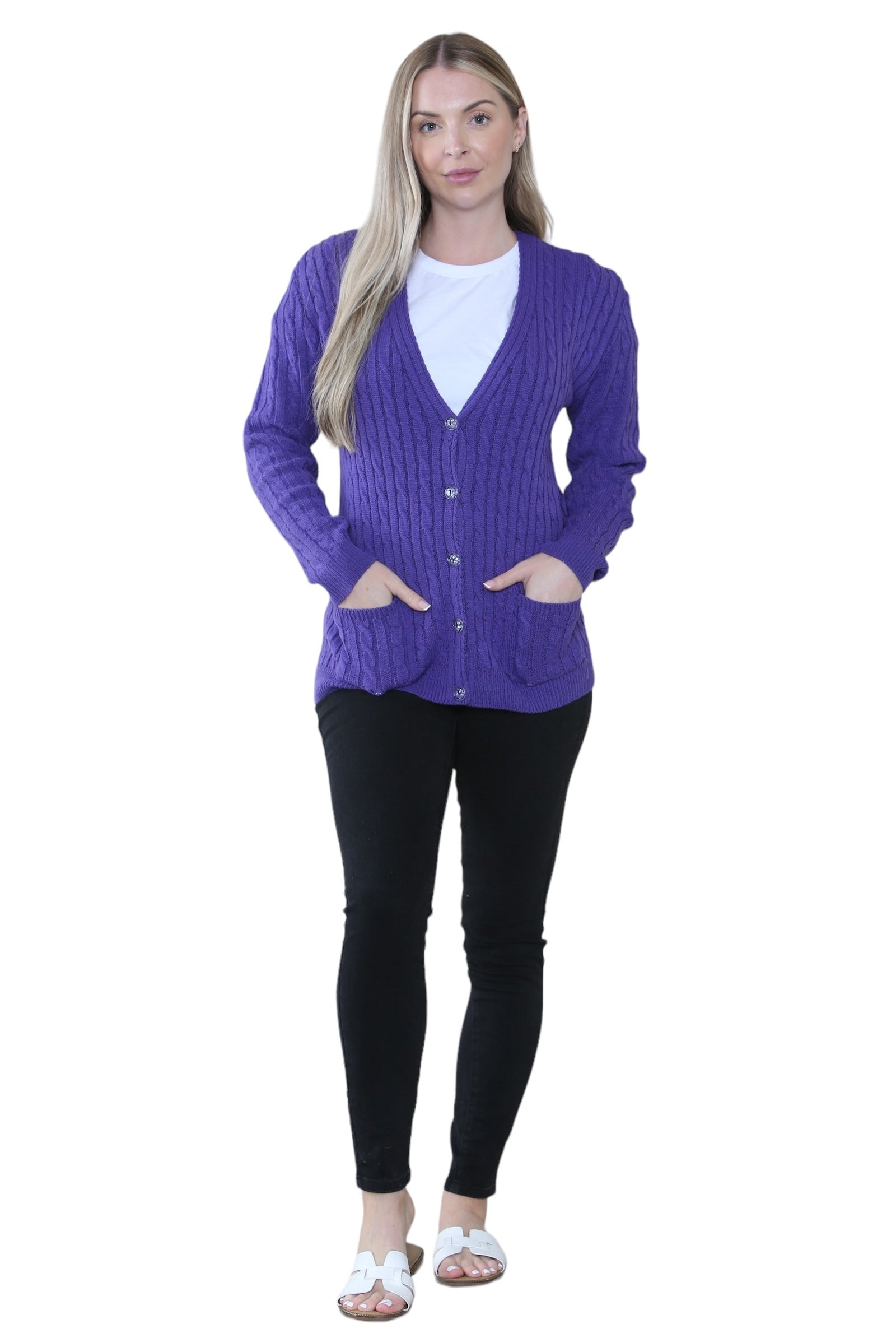 Women Long sleeve V Neck Cable Knit Button Cardigan Knitted Jumper Cardigan WearAll