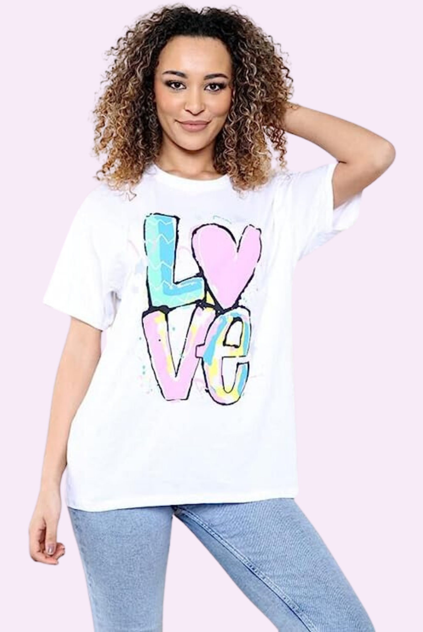 Oversized Love Print T-Shirt Shirts & Tops WearAll White 8-10