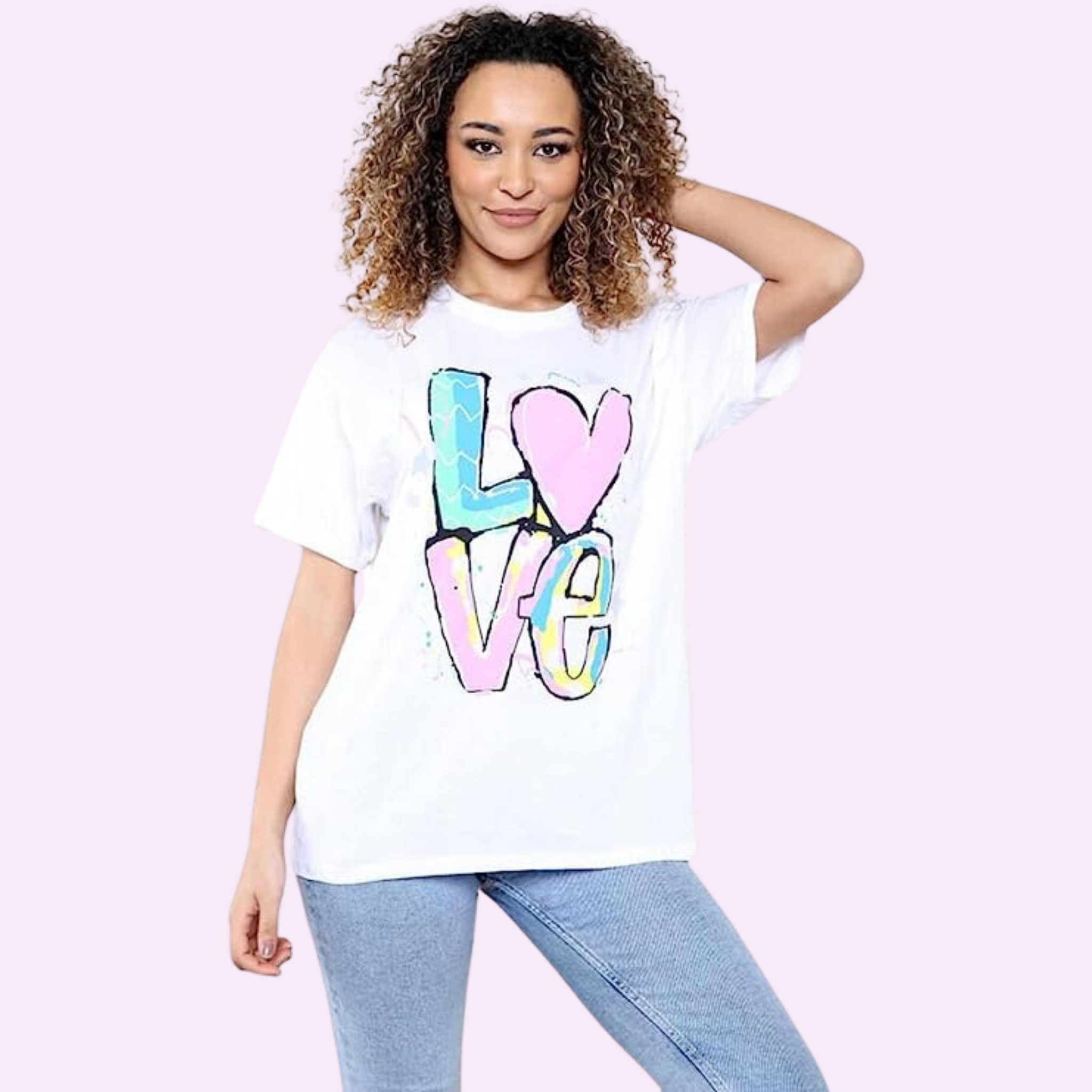 Oversized Love Print T-Shirt Shirts & Tops WearAll White 8-10