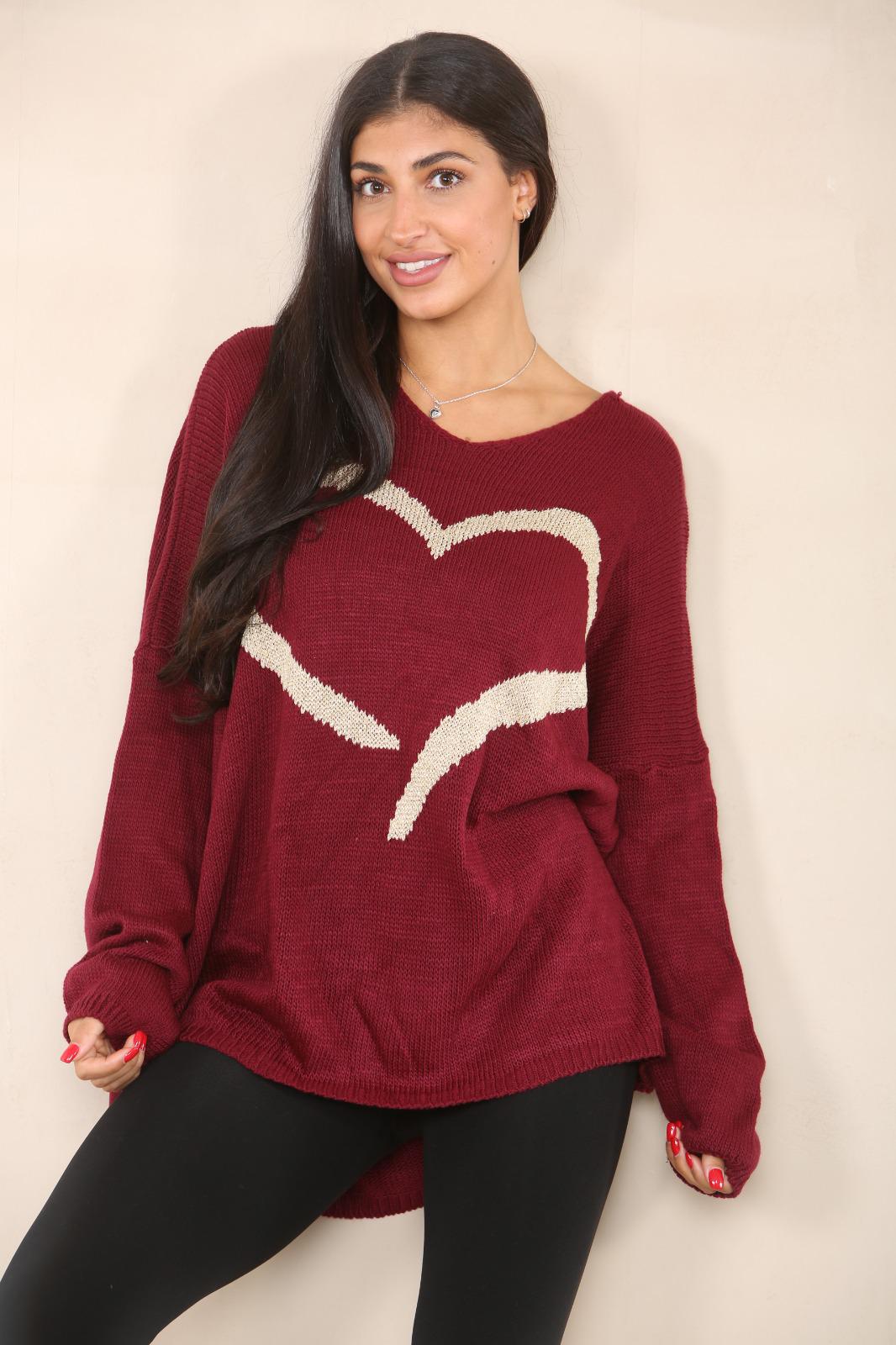 Oversized Heart Print Jumper Top Shirts WearAll Wine 12-24
