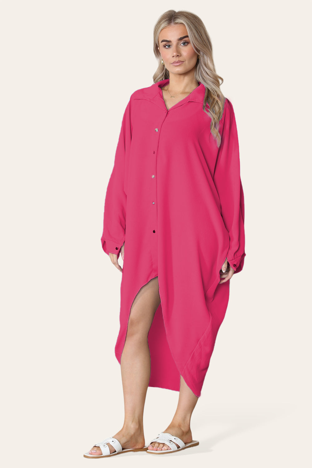 High-Low Oversized Button Long Top Shirt Dress with Hem and Long Sleeves Dress WearAll Wine One Size UK Fit (14 to 22)