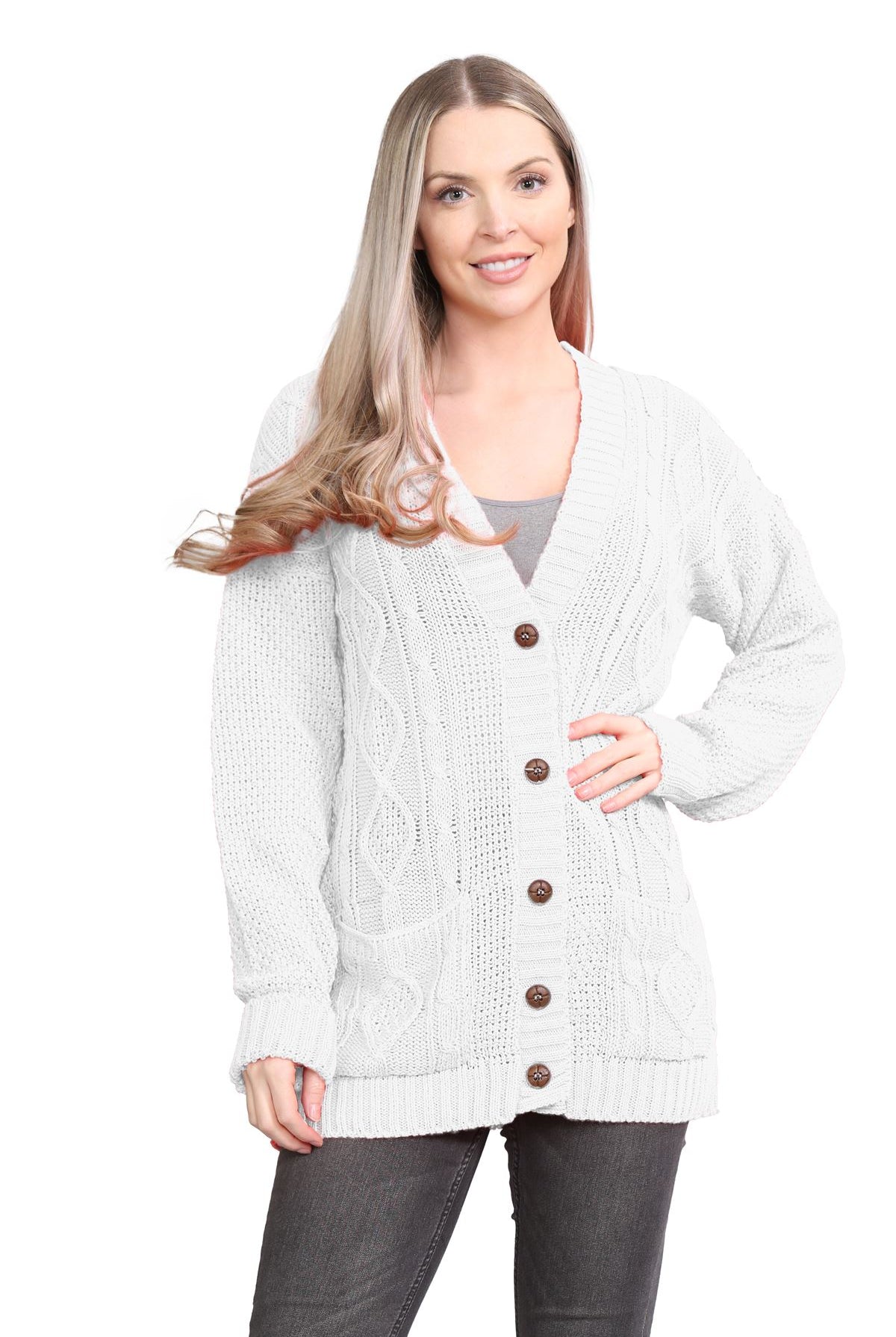 Cable Knitted Button Cardigan Knitted Cardigan WearAll White 8-10