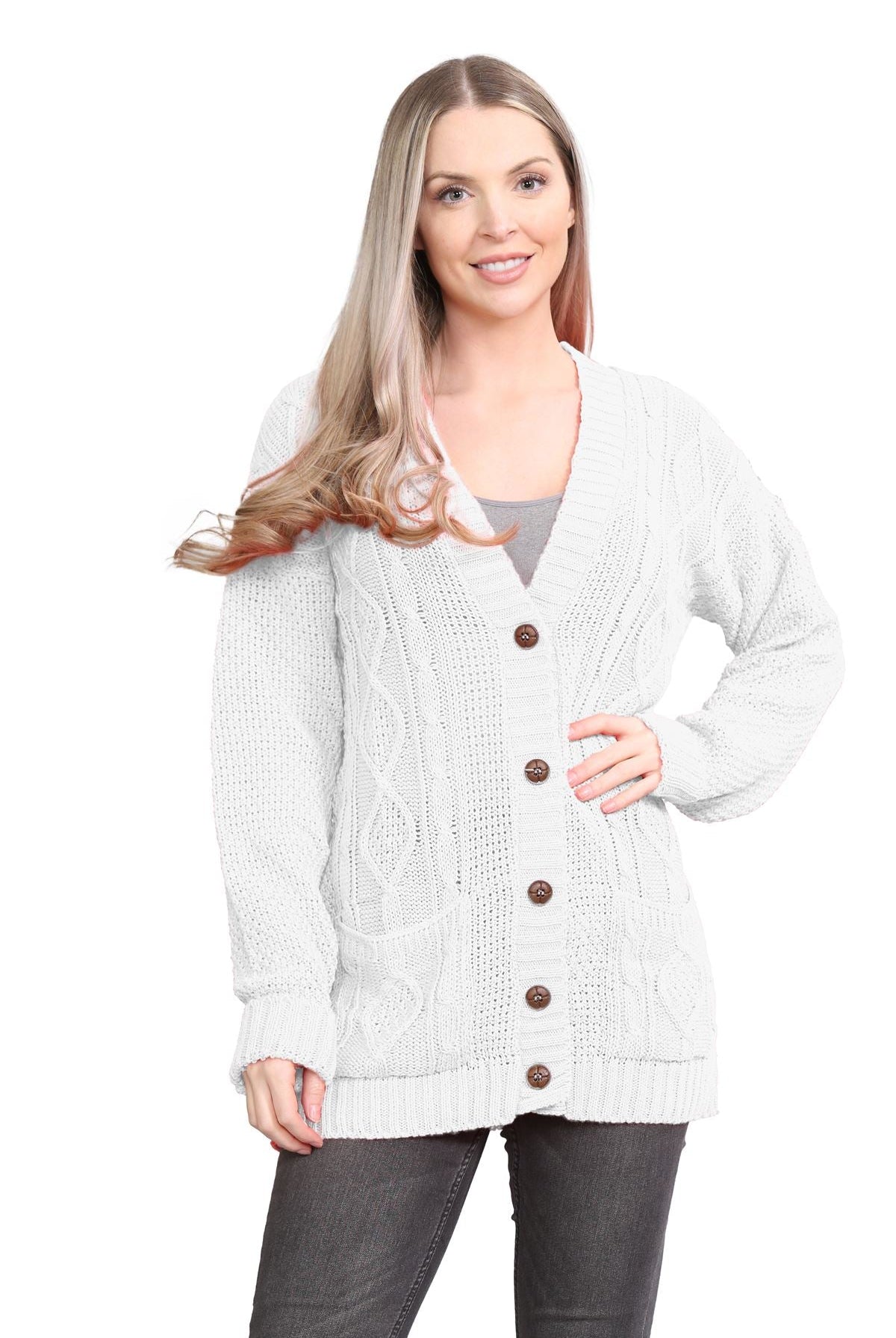 Plus Size Cable Knitted Button Cardigan Knitted Cardigan WearAll White 16-18