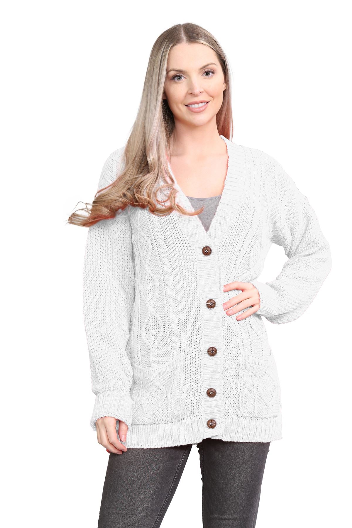 Plus Size Cable Knitted Button Cardigan Knitted Cardigan WearAll White 16-18