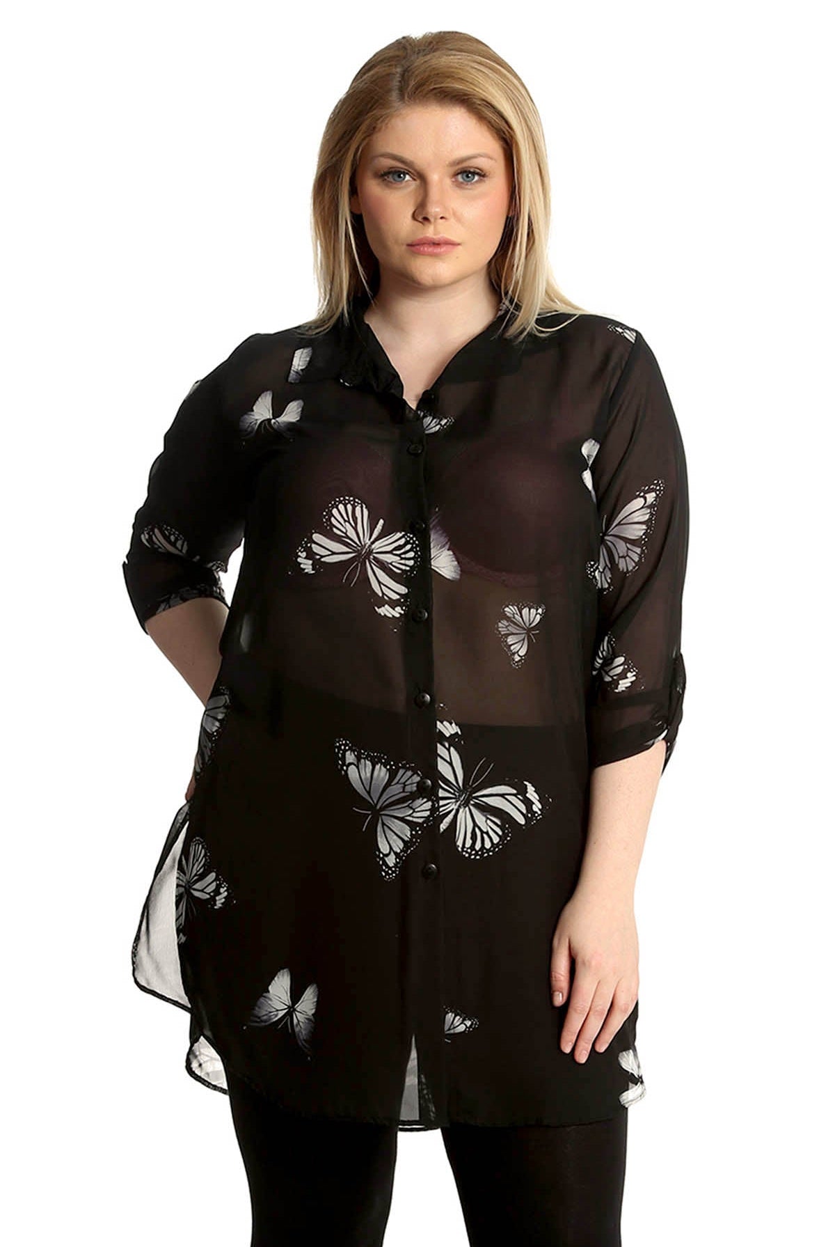 Butterfly Print Side Slit Curved Hem Top Tops WearAll