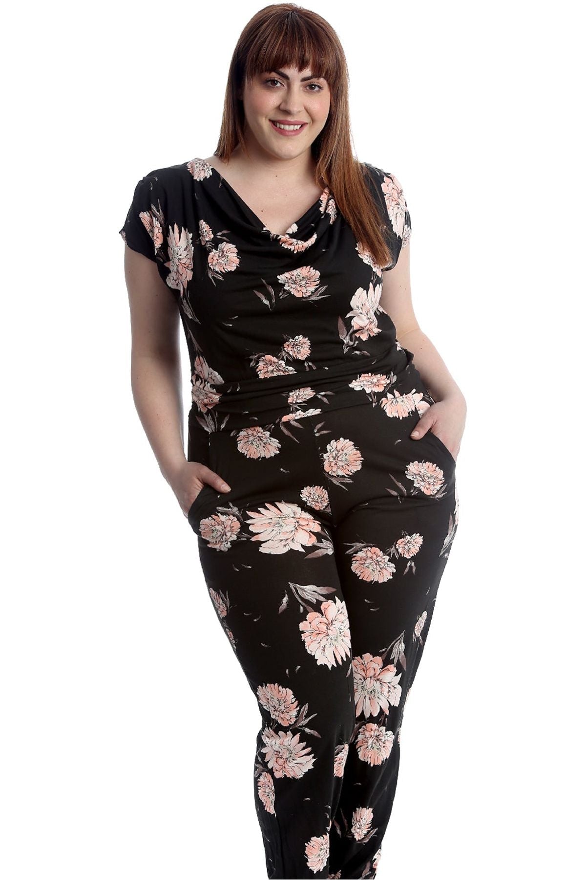 Plus Size Short Sleeve Tied Belted Floral Print Cowl Neck Jumpsuit Jumpsuit WearAll