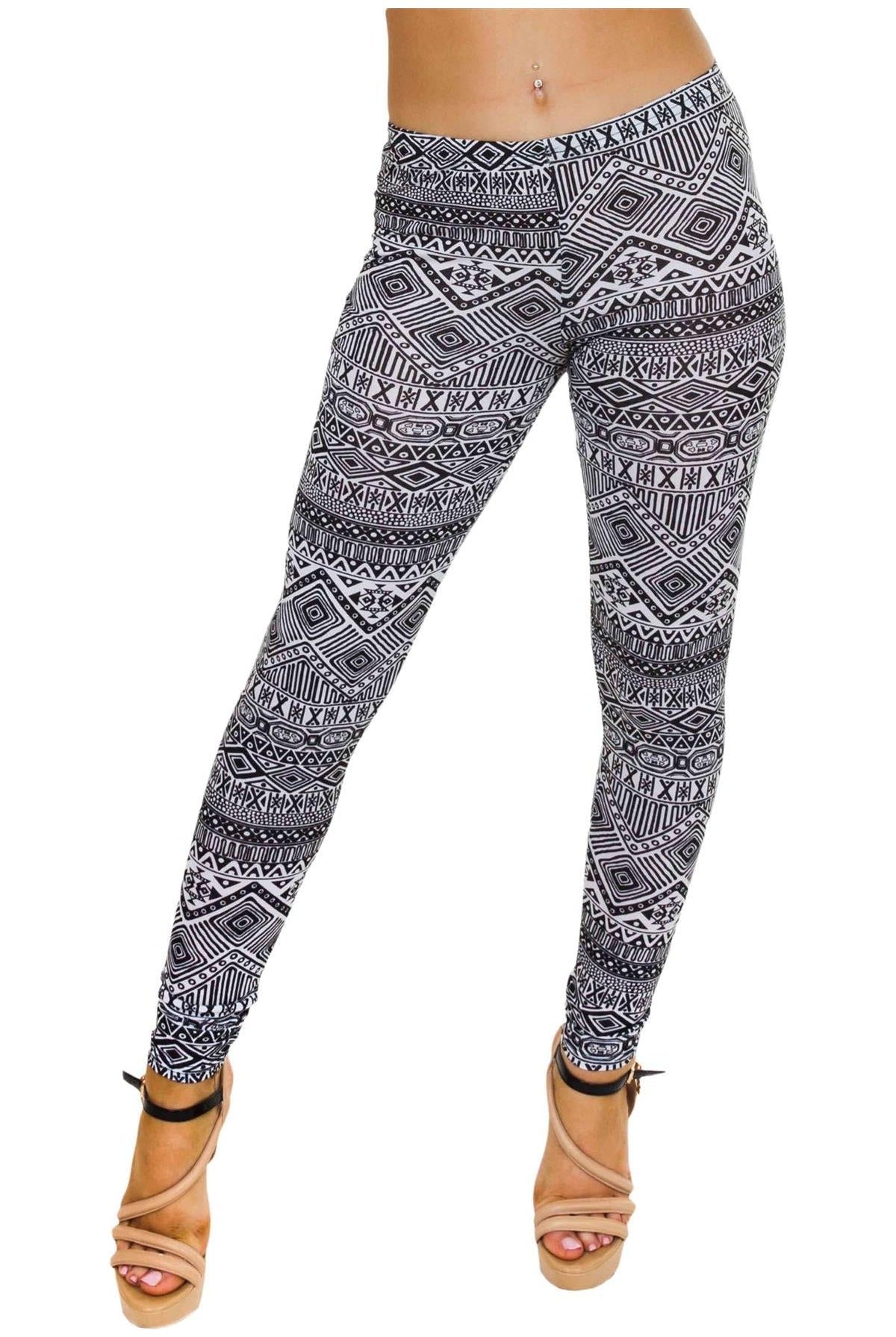 Black White Aztec Small Print Leggings Leggings WearAll