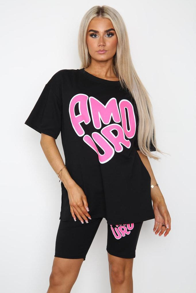 Amour Side Slit Cycling Short and T-Shirts Co-Ord Two Piece Set with Front Amour Slogan Co-Ord WearAll Black One Size UK Fit (Upto 14)