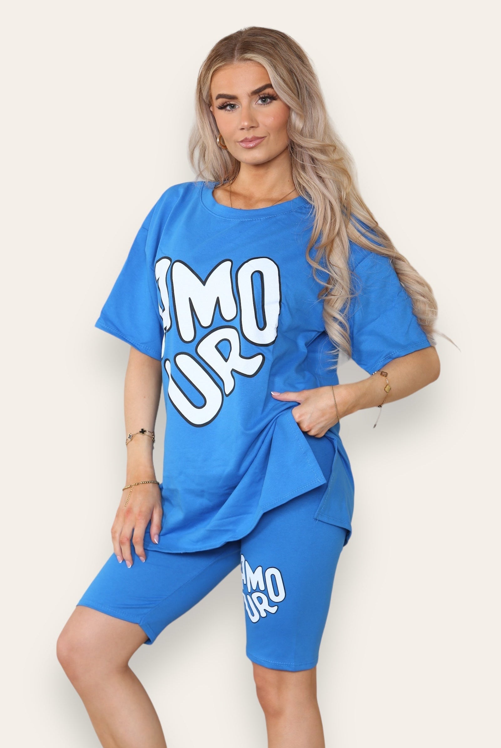 Amour Side Slit Cycling Short and T-Shirts Co-Ord Two Piece Set with Front Amour Slogan Co-Ord WearAll