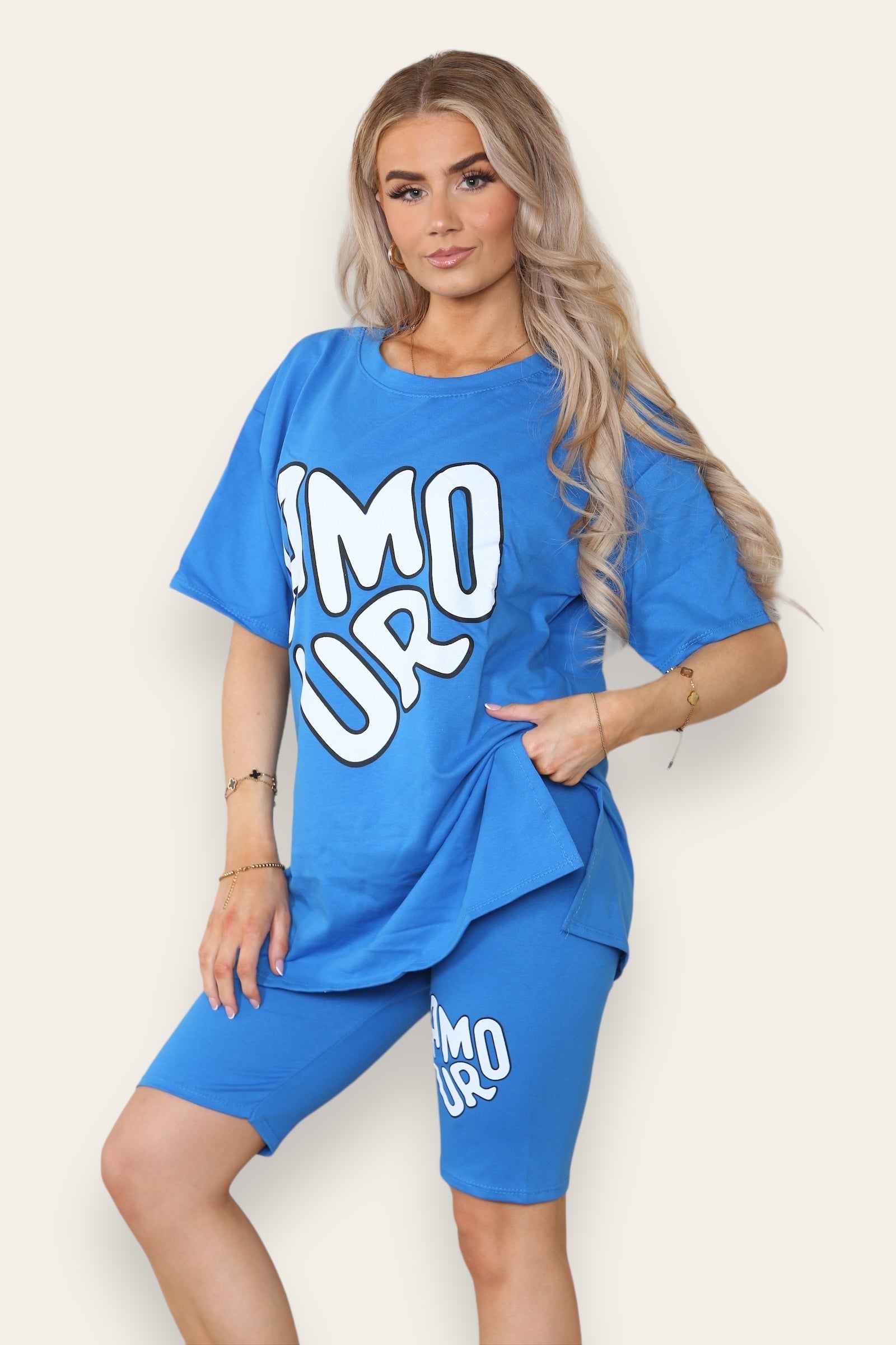 Amour Side Slit Cycling Short and T-Shirts Co-Ord Two Piece Set with Front Amour Slogan Co-Ord WearAll