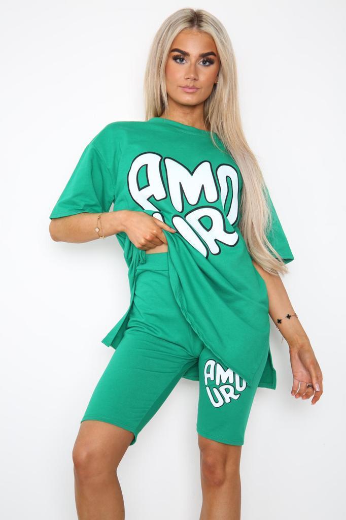 Amour Side Slit Cycling Short and T-Shirts Co-Ord Two Piece Set with Front Amour Slogan Co-Ord WearAll Jade Green One Size UK Fit (Upto 14)
