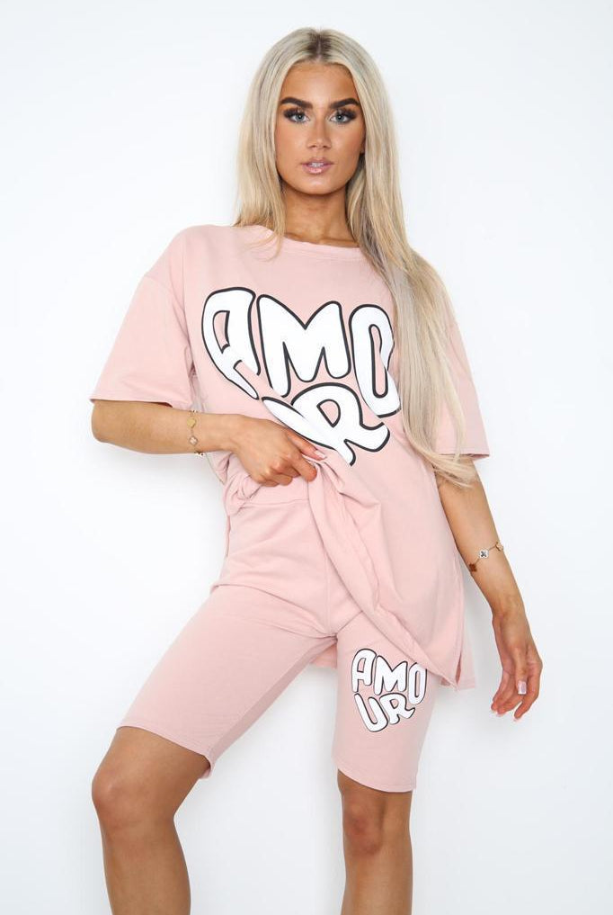 Amour Side Slit Cycling Short and T-Shirts Co-Ord Two Piece Set with Front Amour Slogan Co-Ord WearAll Dusty Pink One Size UK Fit (Upto 14)