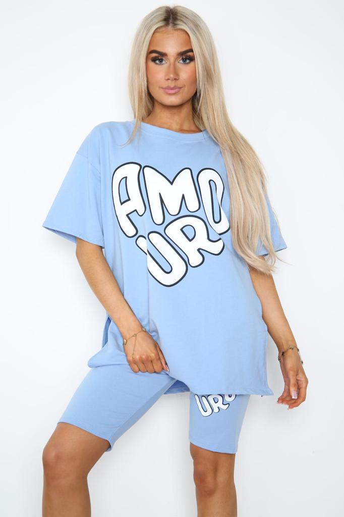 Amour Side Slit Cycling Short and T-Shirts Co-Ord Two Piece Set with Front Amour Slogan Co-Ord WearAll Sky Blue One Size UK Fit (Upto 14)