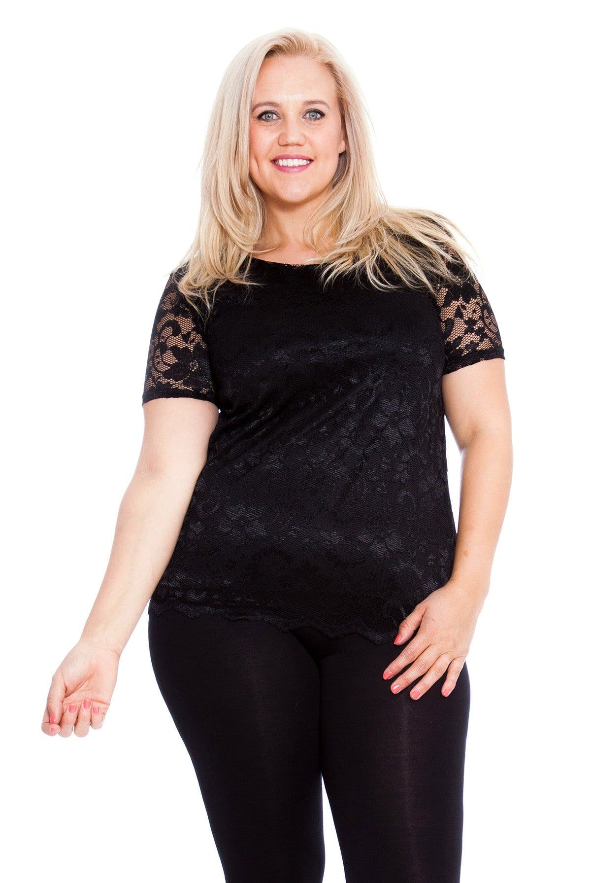 Lace Lined Scallop Edge T-Shirt Top Tops WearAll Black 14
