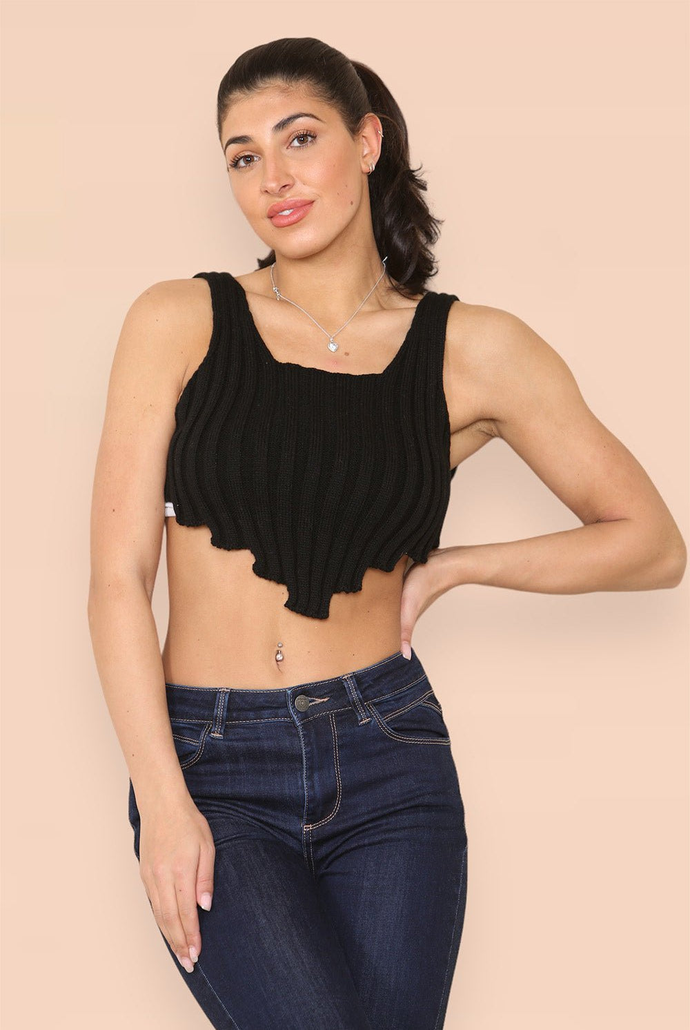 Asymmetric Imogen Hem Knitted Vest Crop Top Top & Bodysuit WearAll Black One Size (8-14)