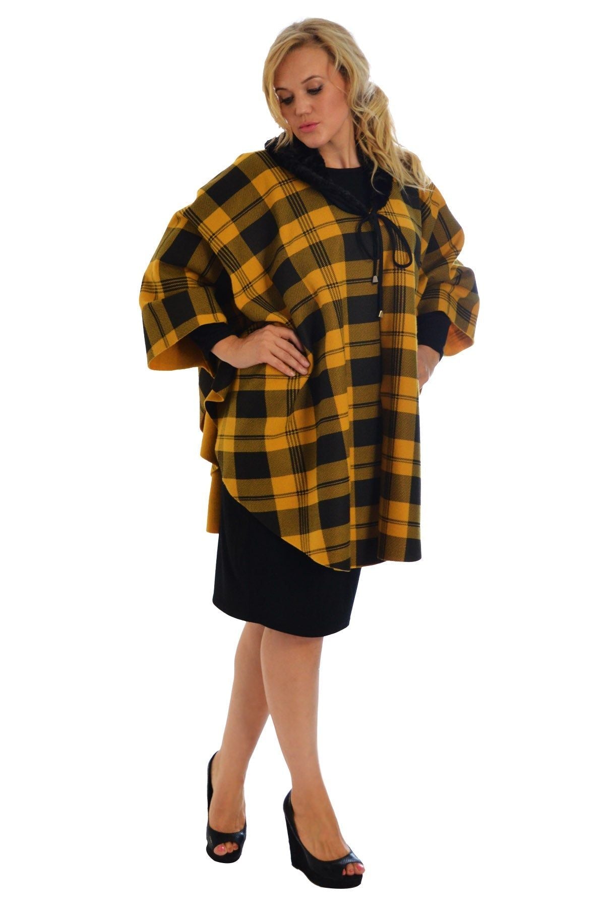 Faux Fur Check Tartan Cape Shawl Poncho Tops WearAll